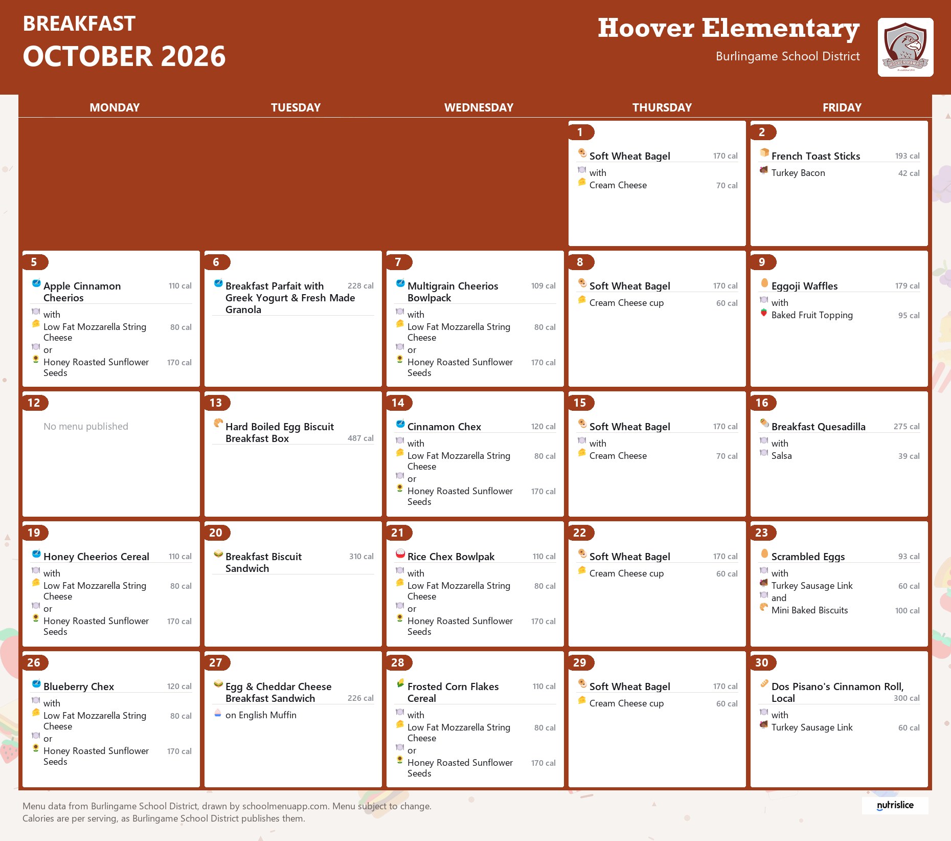 Hoover Elementary breakfast menu for October 2026, Burlingame School District