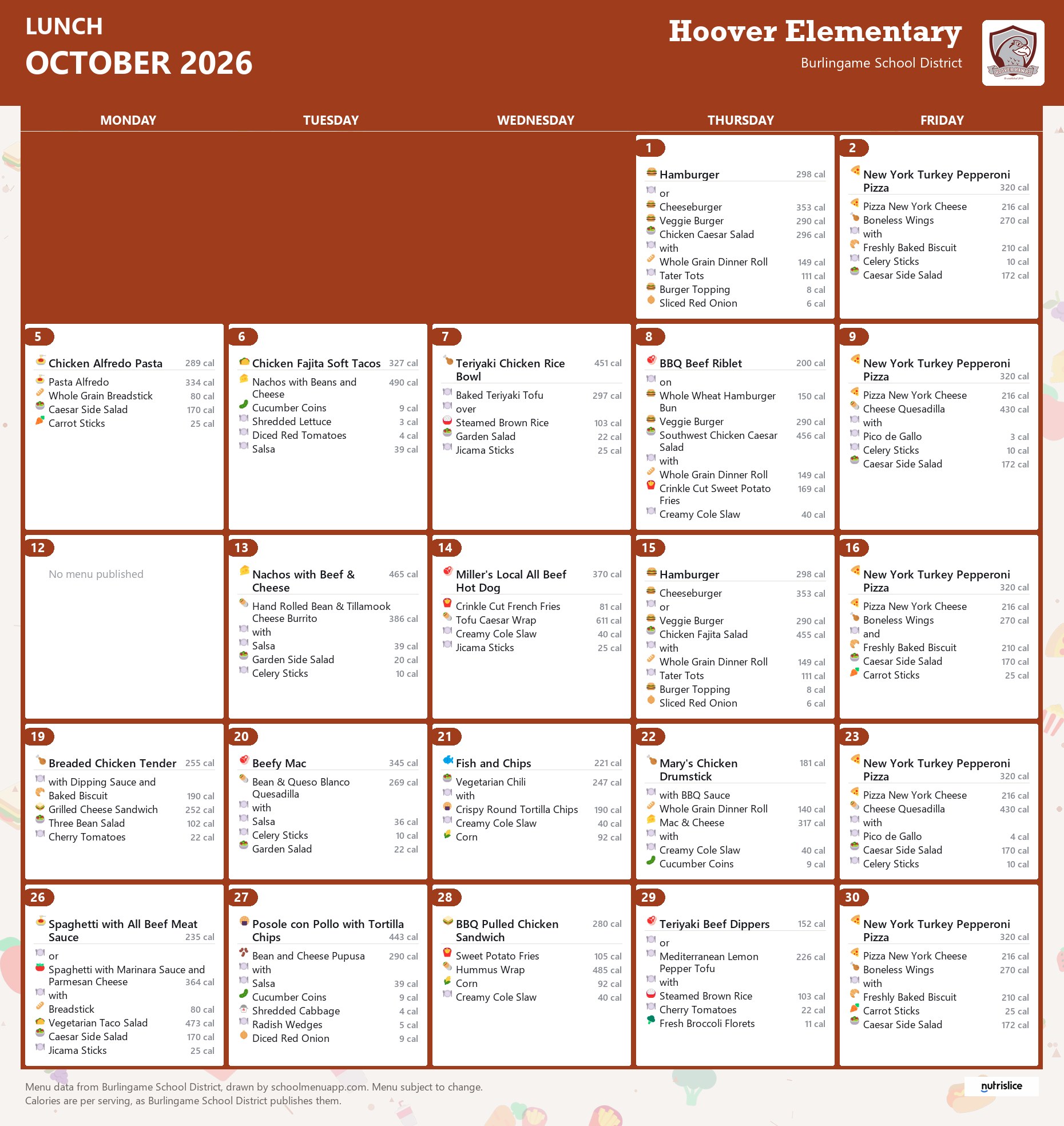 Hoover Elementary lunch menu for October 2026, Burlingame School District