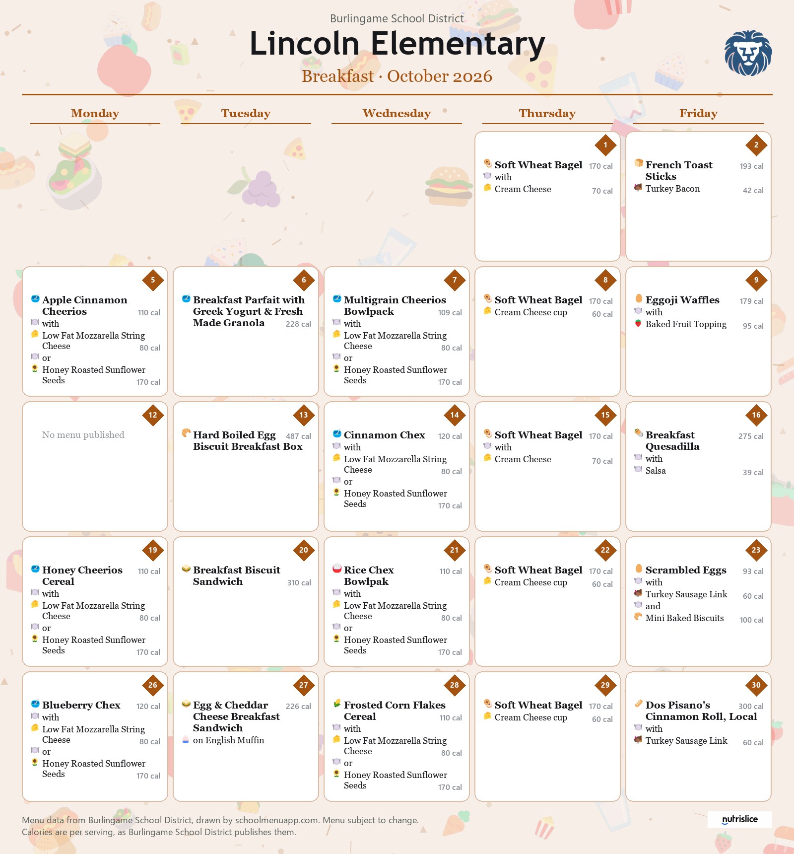 Lincoln Elementary breakfast menu for October 2026, Burlingame School District