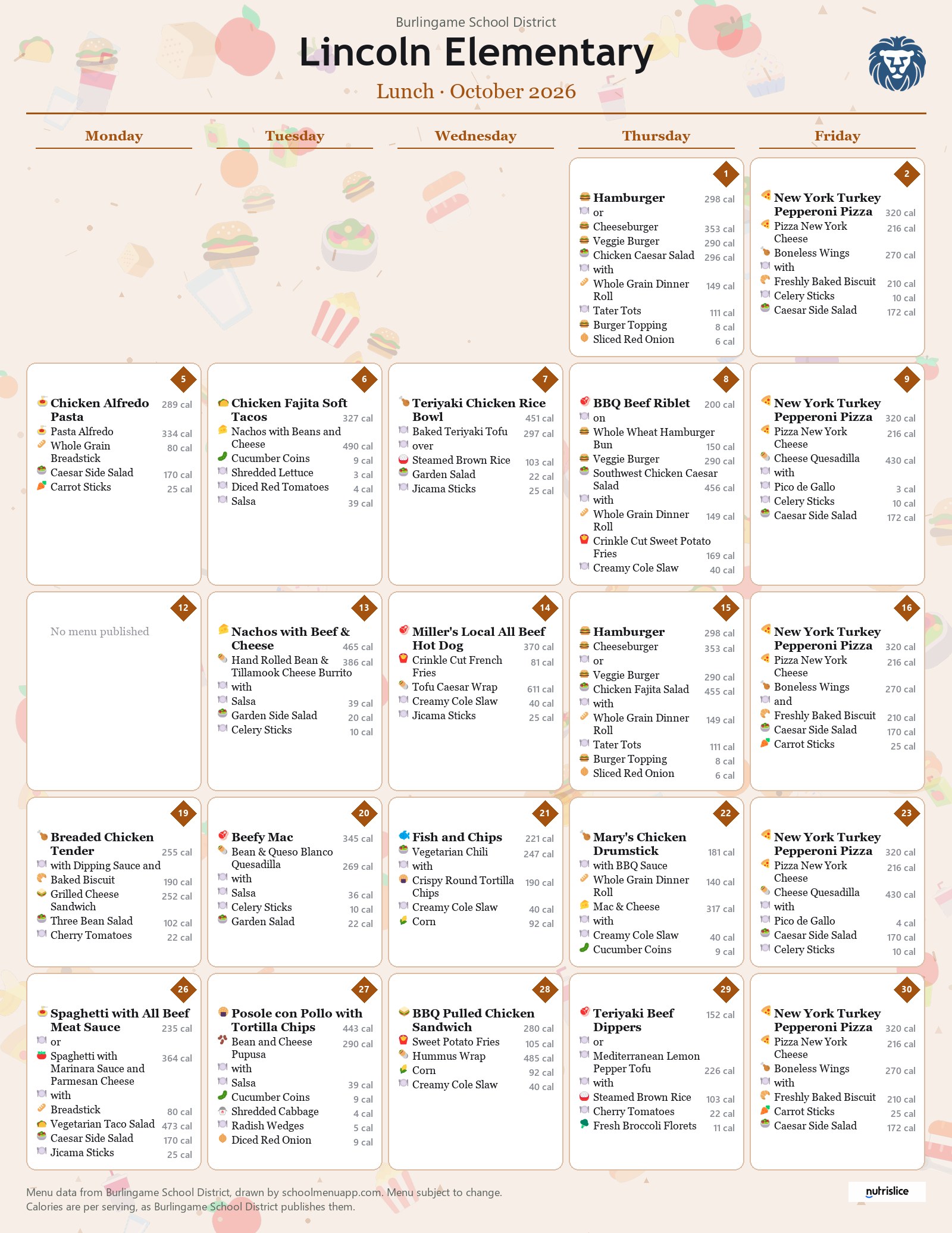 Lincoln Elementary lunch menu for October 2026, Burlingame School District