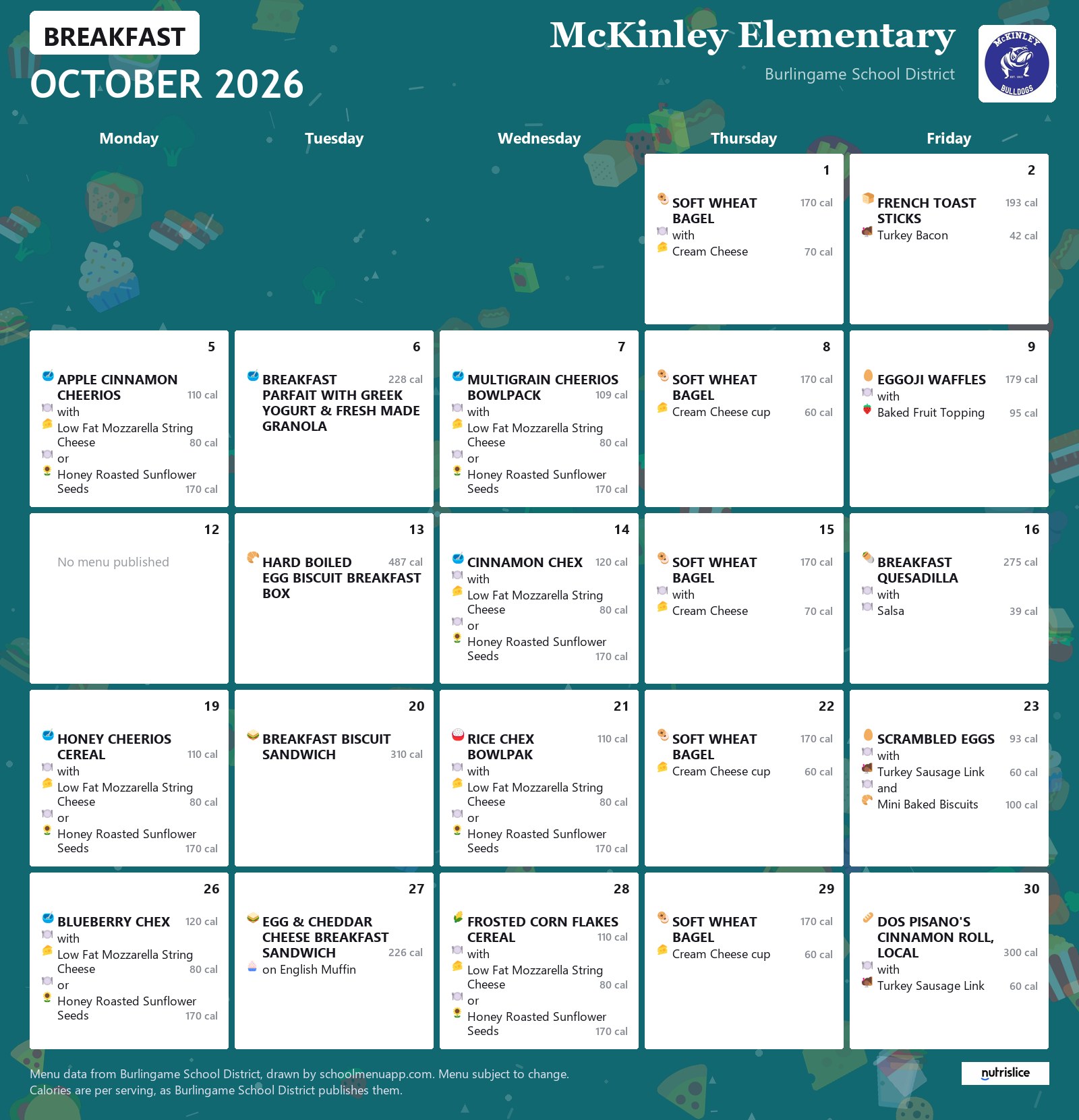 McKinley Elementary breakfast menu for October 2026, Burlingame School District