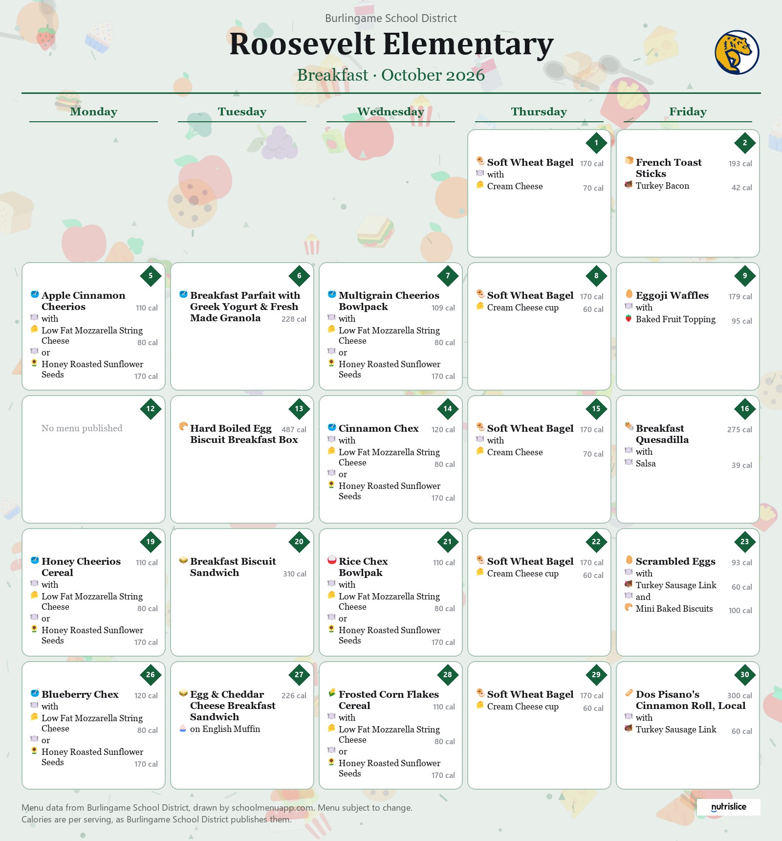 Roosevelt Elementary breakfast menu for October 2026, Burlingame School District
