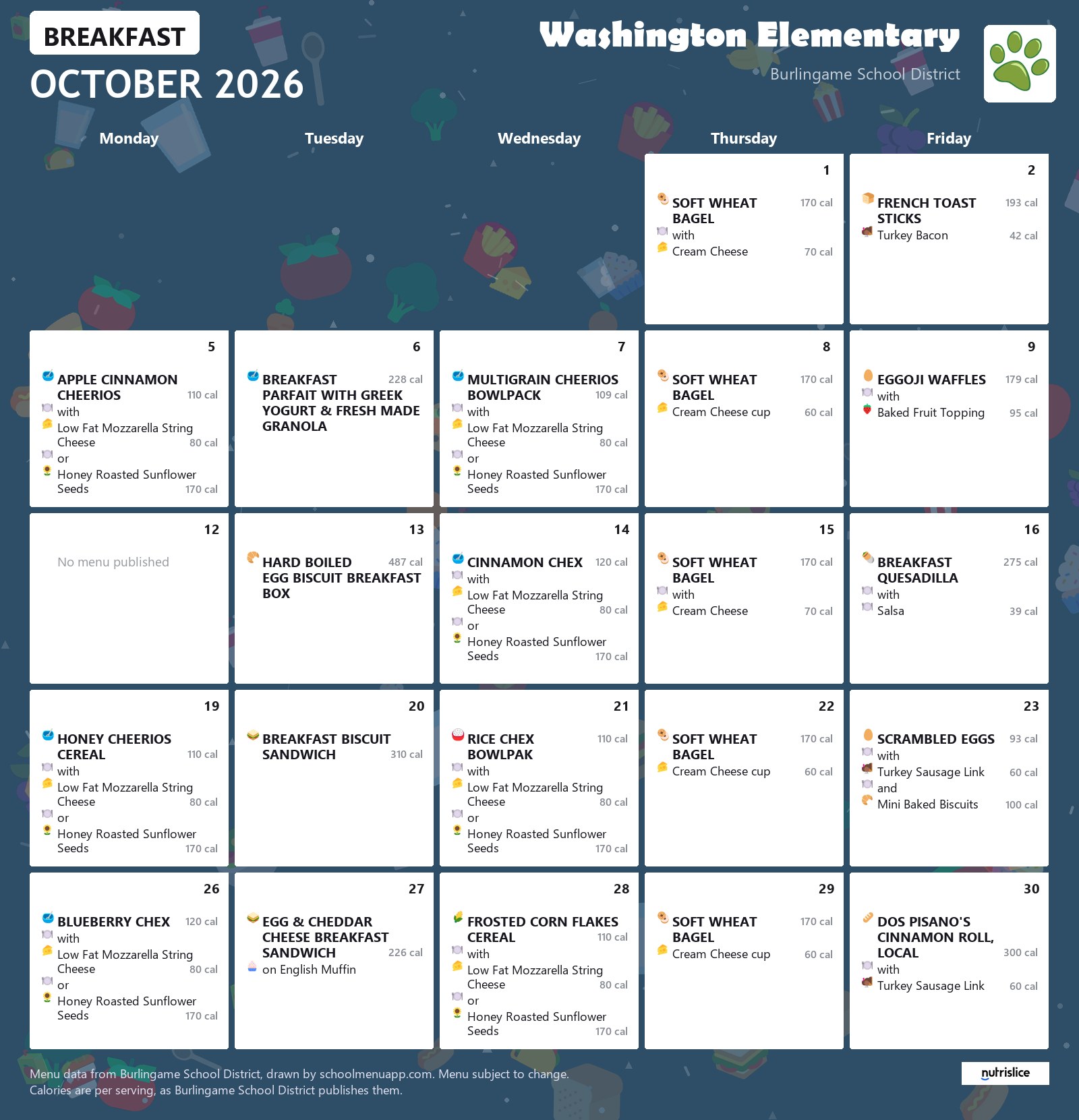 Washington Elementary breakfast menu for October 2026, Burlingame School District