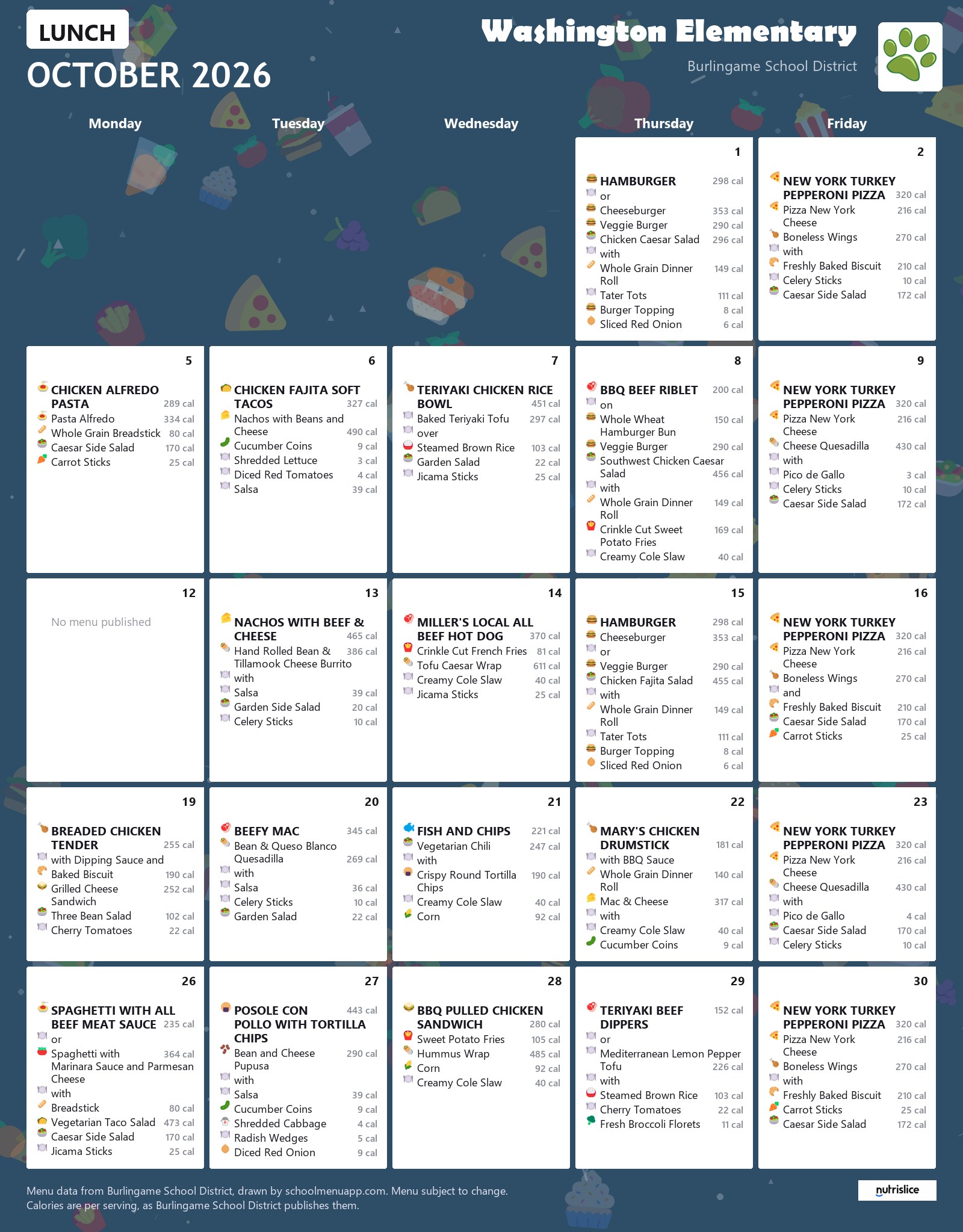 Washington Elementary lunch menu for October 2026, Burlingame School District