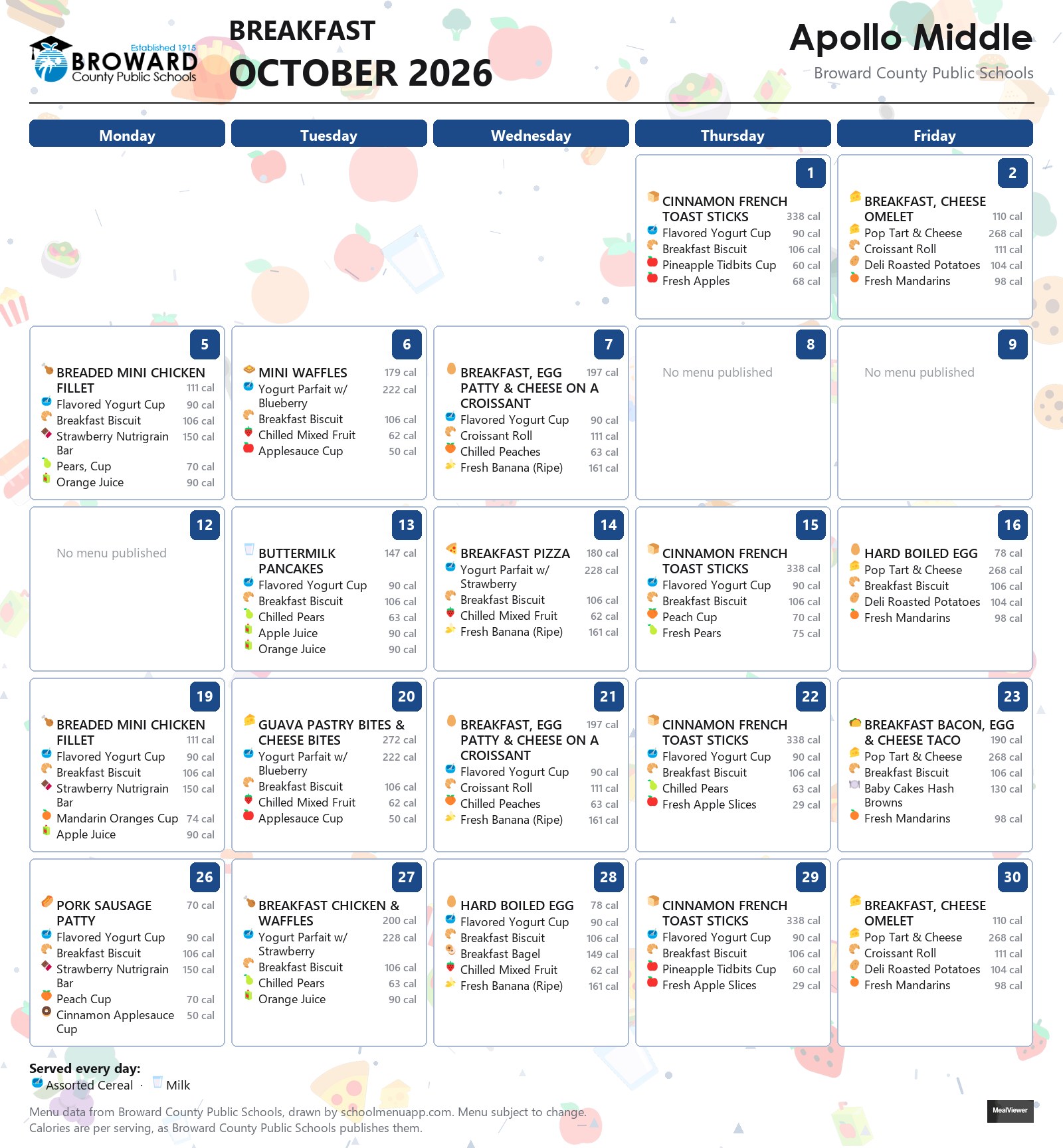 Apollo Middle breakfast menu for October 2026 &mdash; Broward County Public Schools