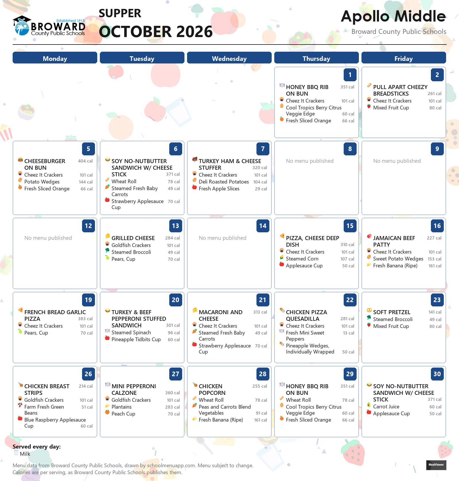 Apollo Middle supper menu for October 2026 &mdash; Broward County Public Schools