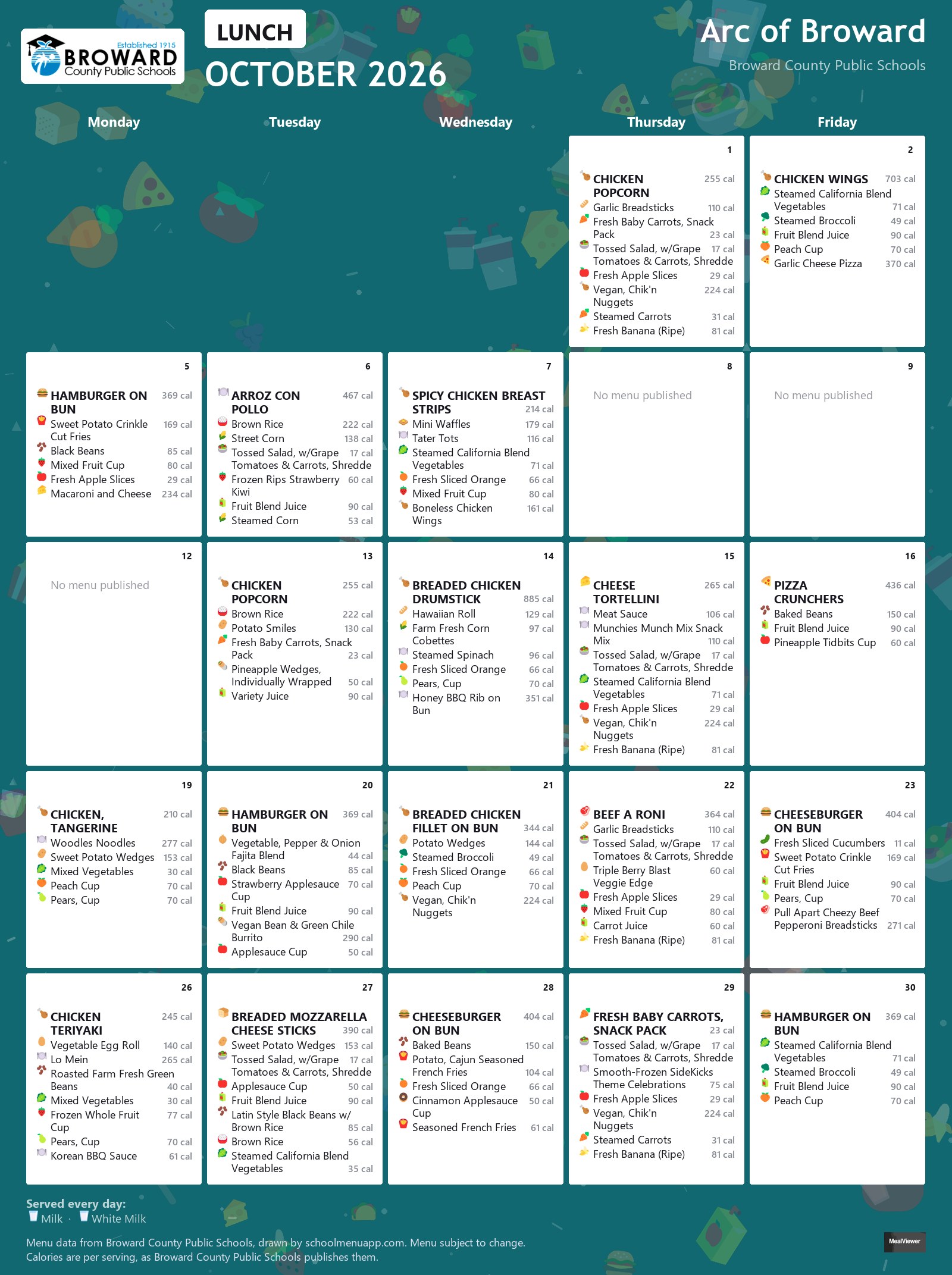 Arc of Broward lunch menu for October 2026 &mdash; Broward County Public Schools