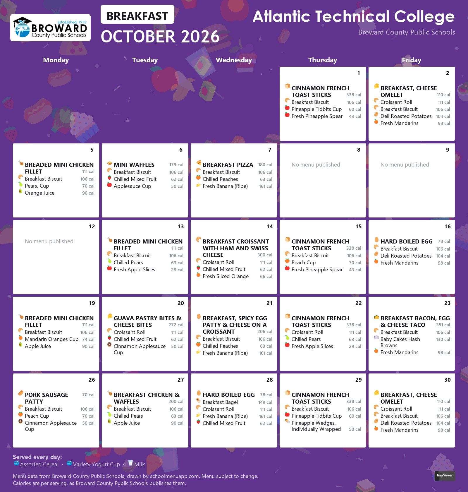 Atlantic Technical College breakfast menu for October 2026 &mdash; Broward County Public Schools