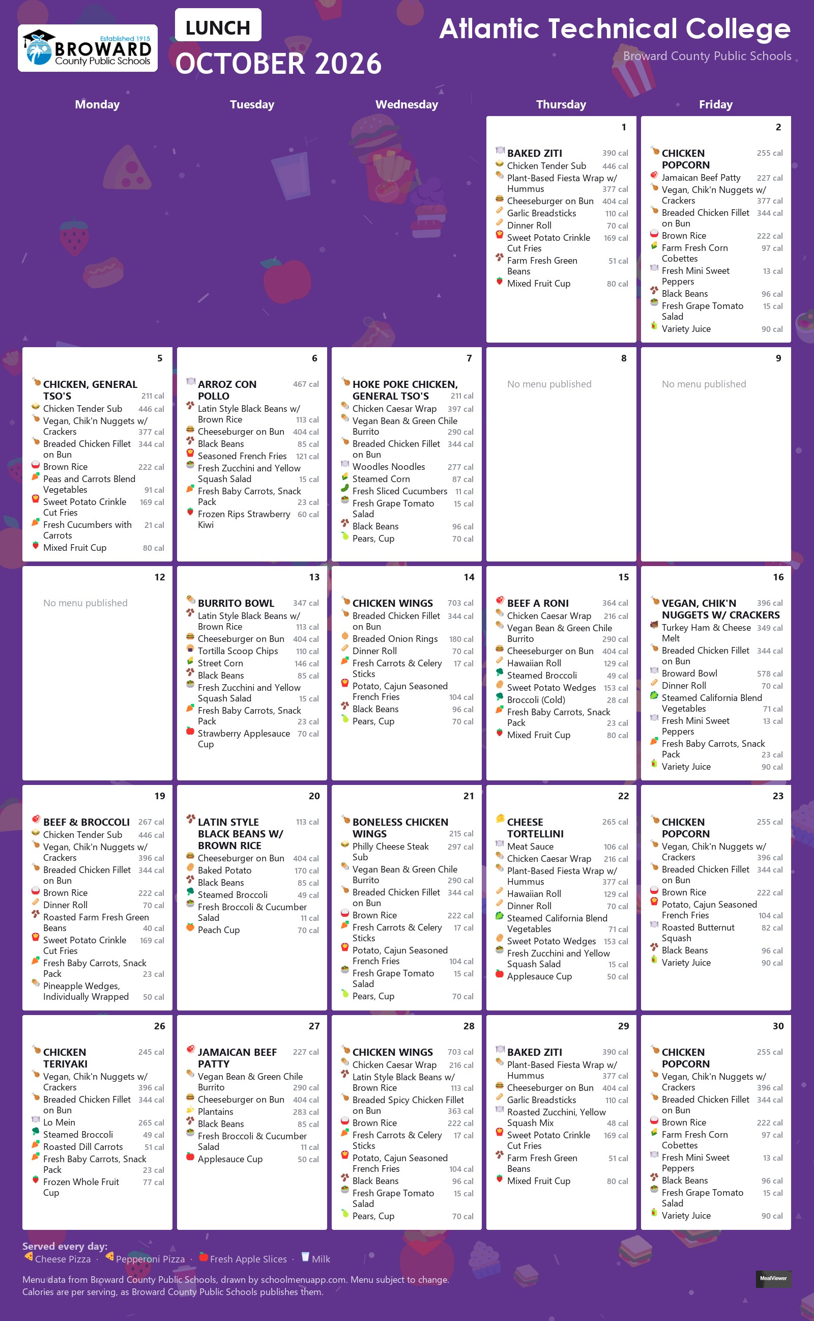 Atlantic Technical College lunch menu for October 2026 &mdash; Broward County Public Schools