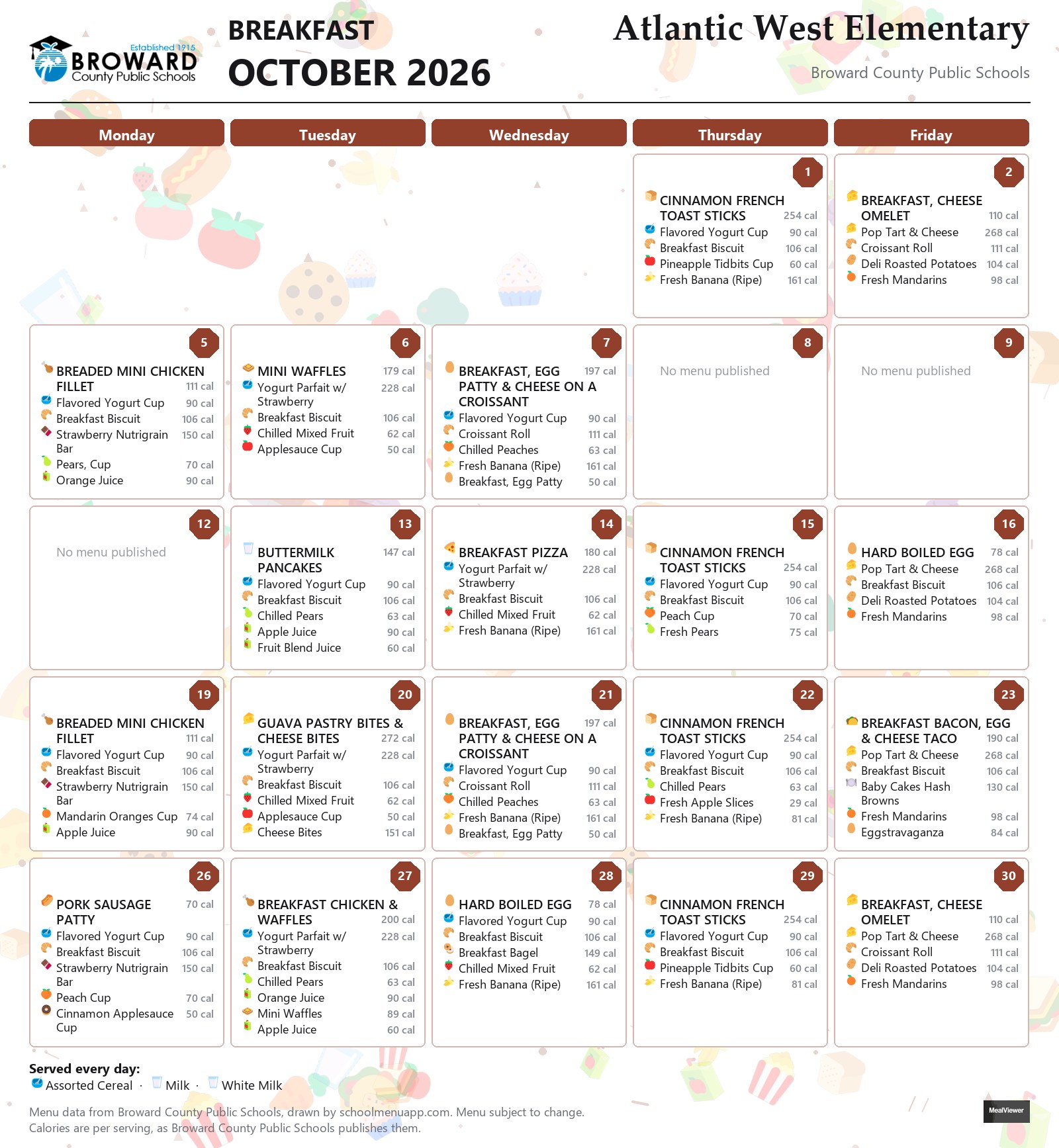 Atlantic West Elementary breakfast menu for October 2026 &mdash; Broward County Public Schools