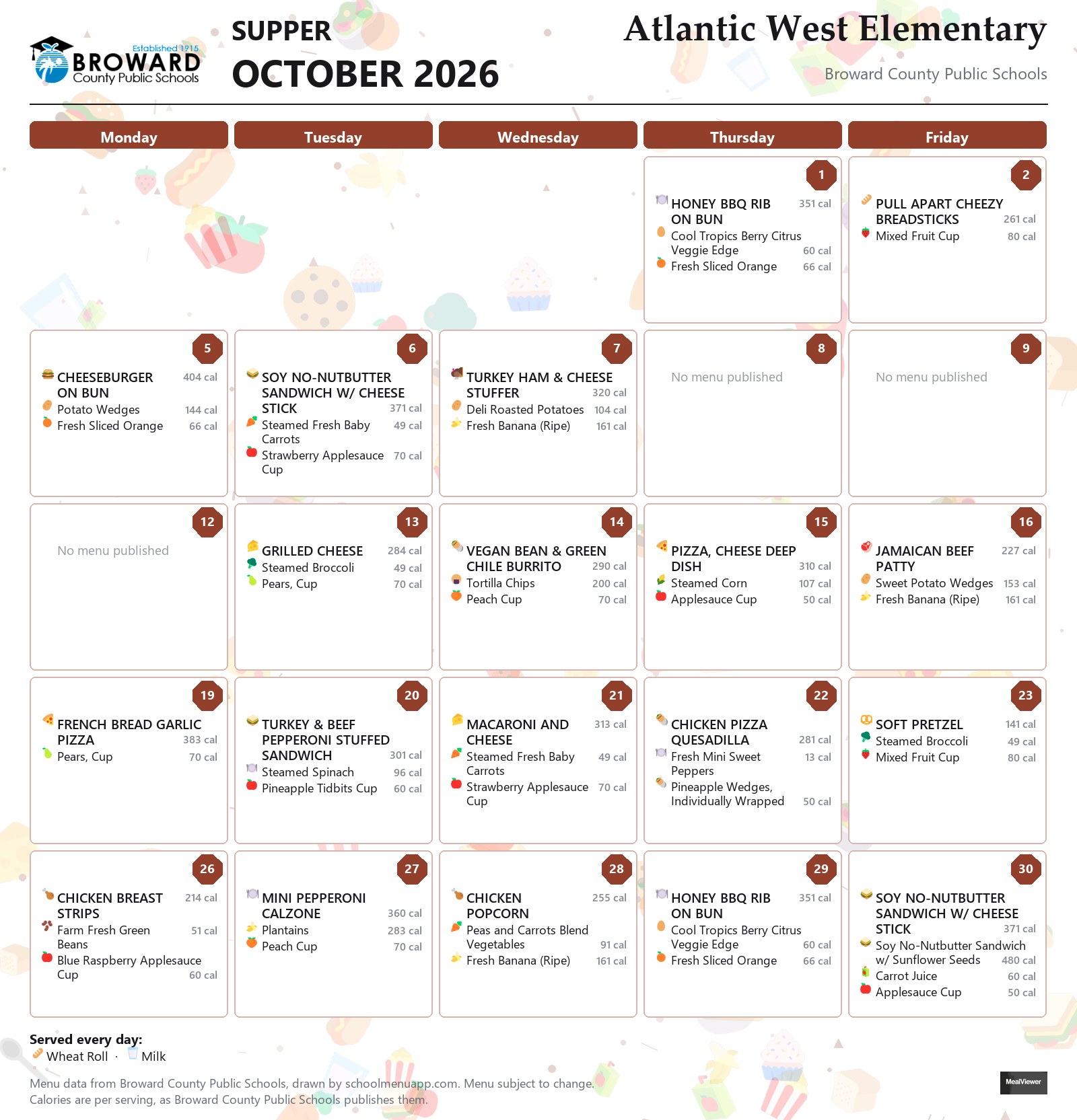 Atlantic West Elementary supper menu for October 2026 &mdash; Broward County Public Schools