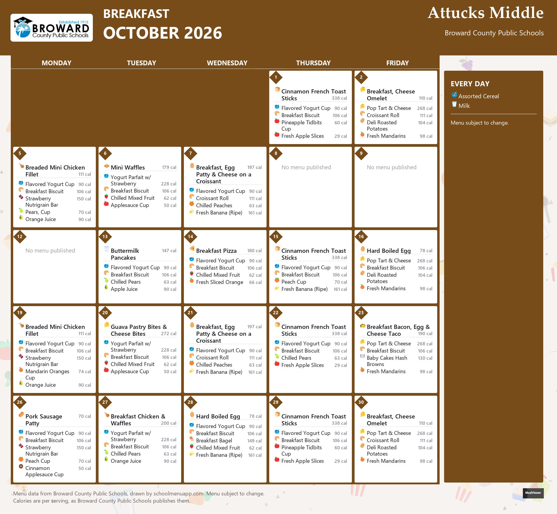 Attucks Middle breakfast menu for October 2026 &mdash; Broward County Public Schools
