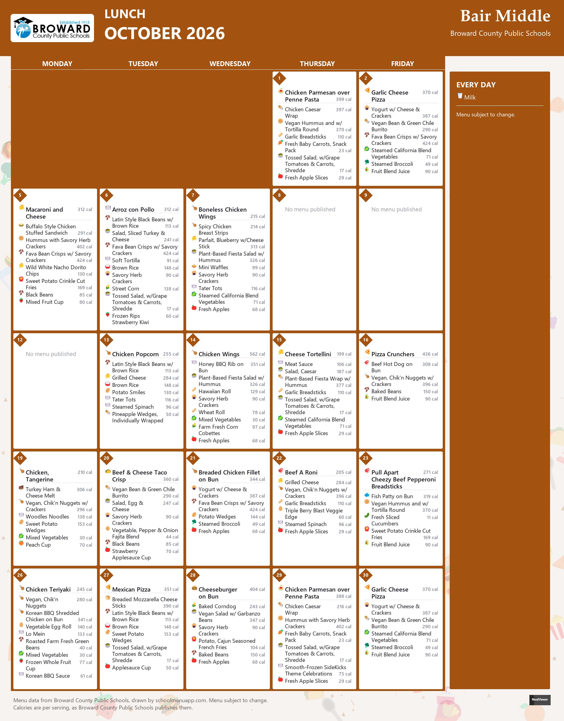 Bair Middle lunch menu for October 2026 &mdash; Broward County Public Schools