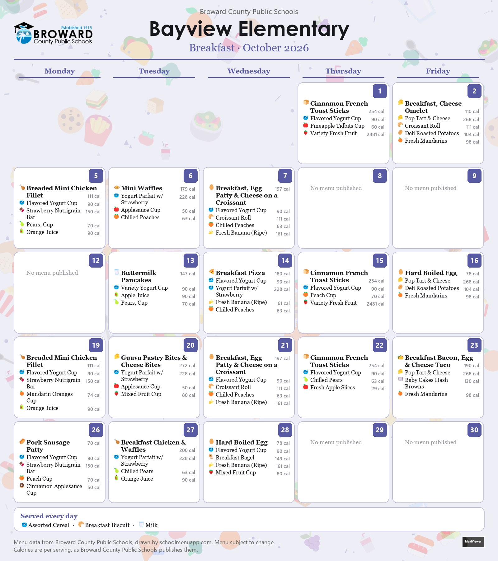 Bayview Elementary breakfast menu for October 2026 &mdash; Broward County Public Schools