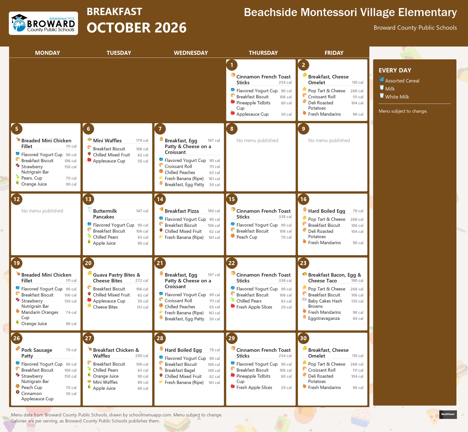 Beachside Montessori Village Elementary breakfast menu for October 2026 &mdash; Broward County Public Schools