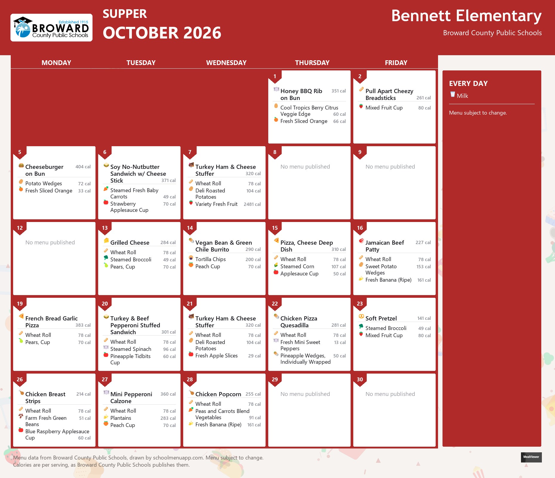 Bennett Elementary supper menu for October 2026 &mdash; Broward County Public Schools