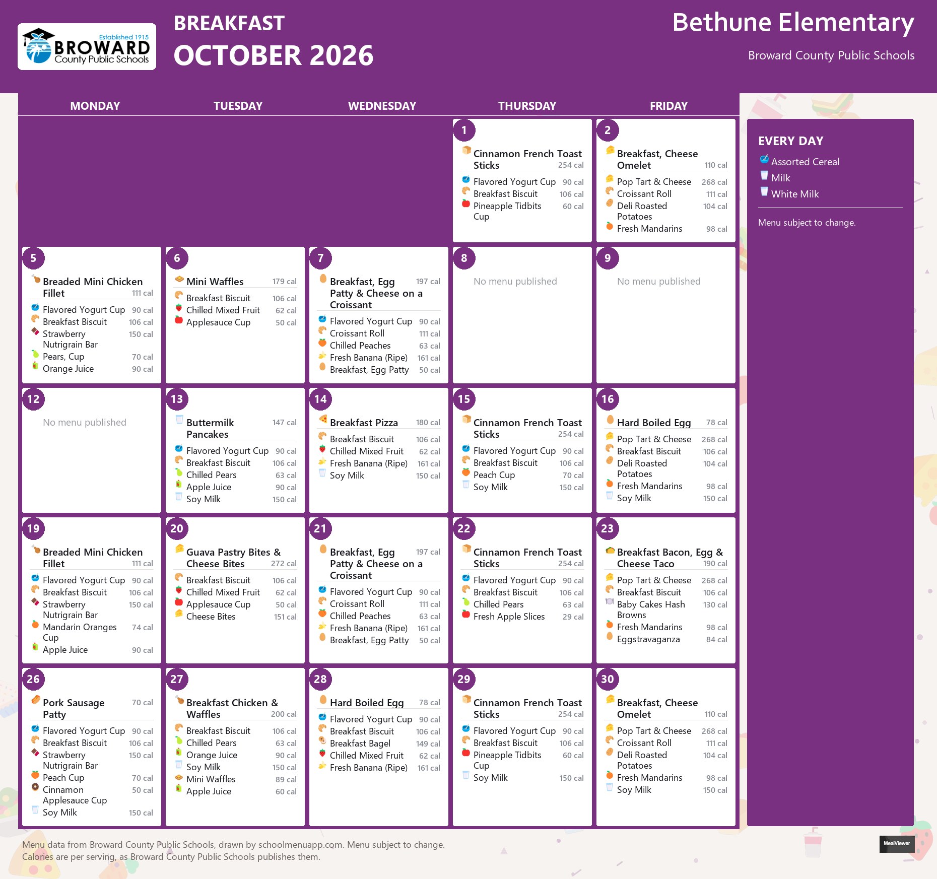 Bethune Elementary breakfast menu for October 2026 &mdash; Broward County Public Schools