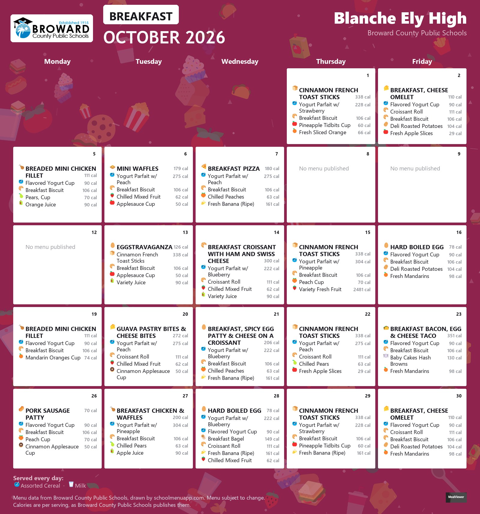 Blanche Ely High breakfast menu for October 2026 &mdash; Broward County Public Schools
