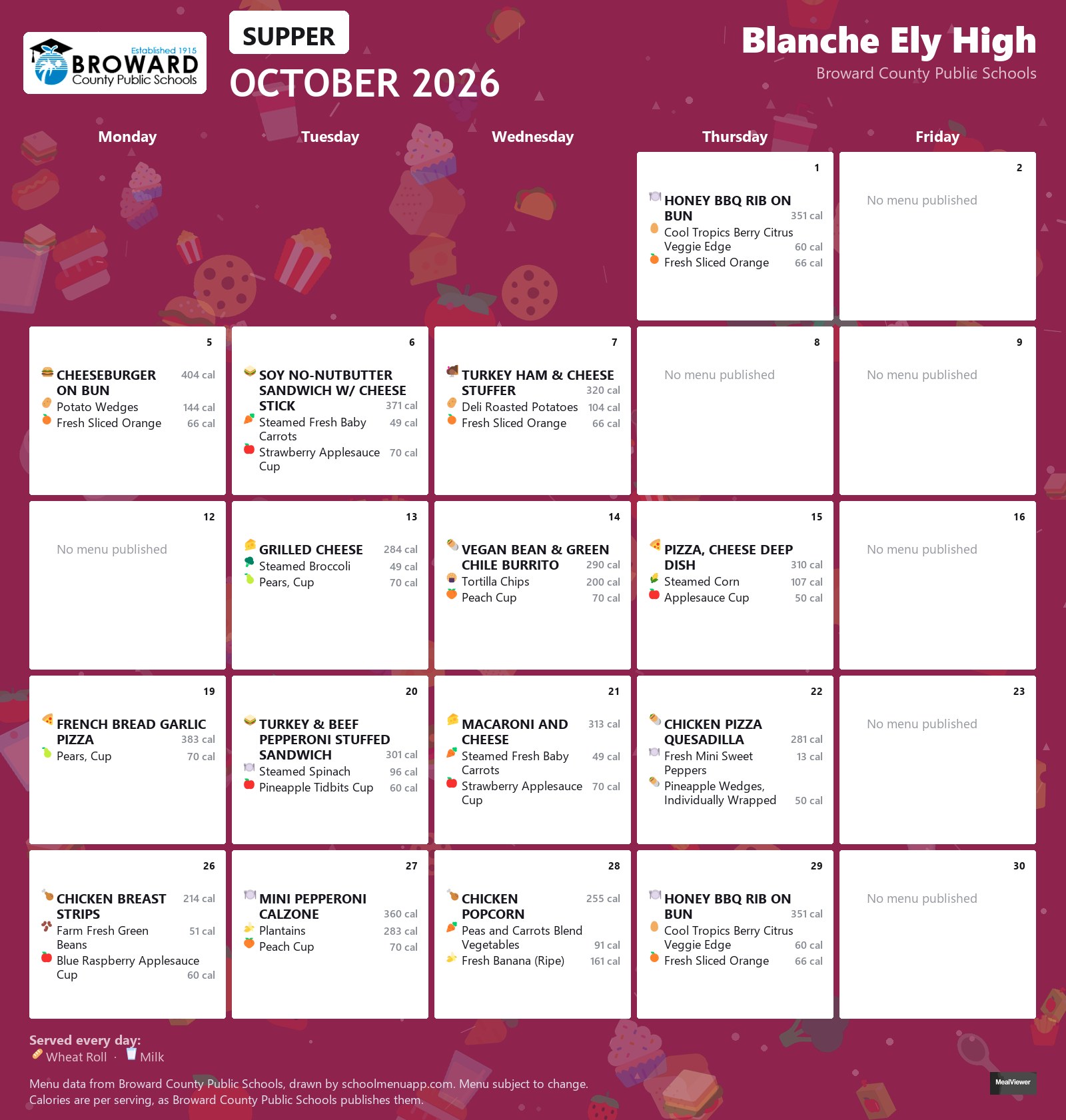 Blanche Ely High supper menu for October 2026 &mdash; Broward County Public Schools