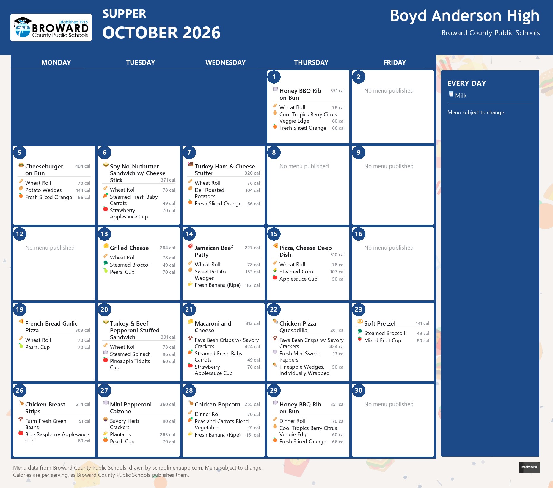 Boyd Anderson High supper menu for October 2026 &mdash; Broward County Public Schools