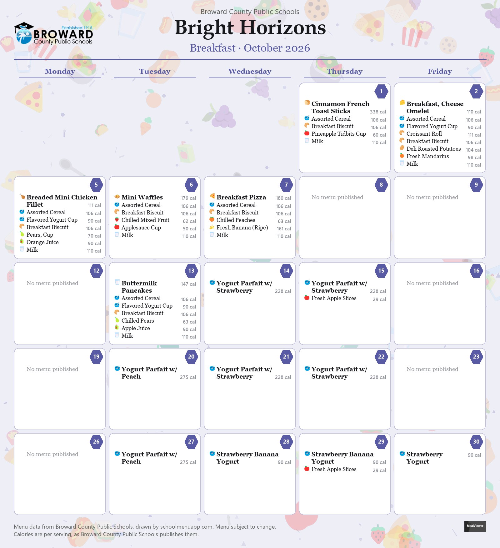 Bright Horizons breakfast menu for October 2026 &mdash; Broward County Public Schools