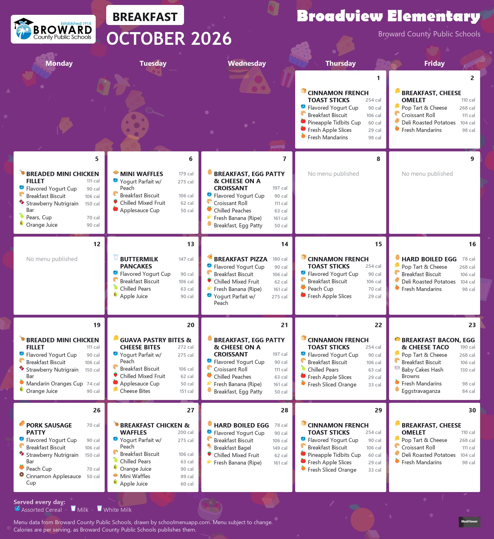Broadview Elementary breakfast menu for October 2026 &mdash; Broward County Public Schools