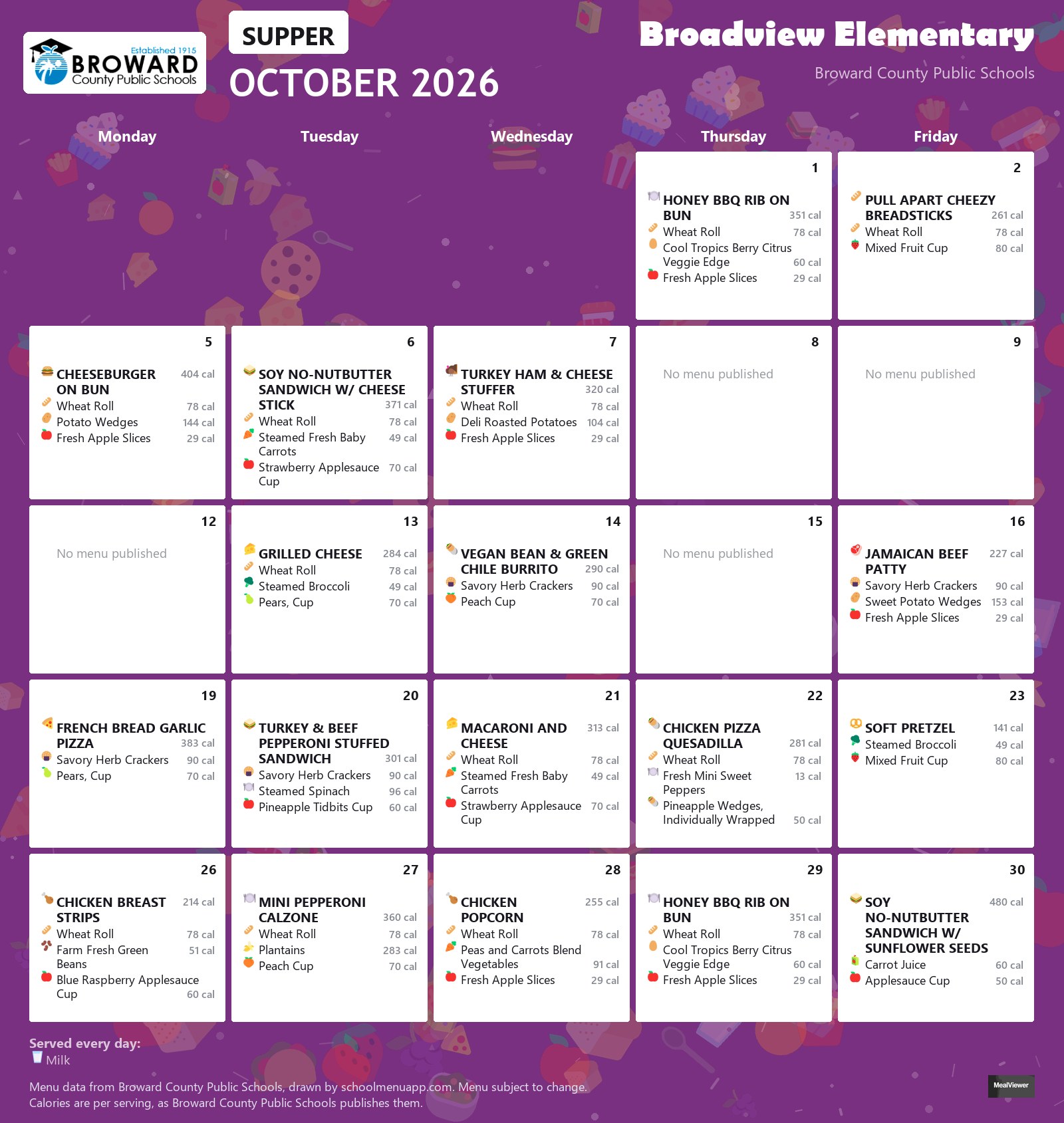 Broadview Elementary supper menu for October 2026 &mdash; Broward County Public Schools