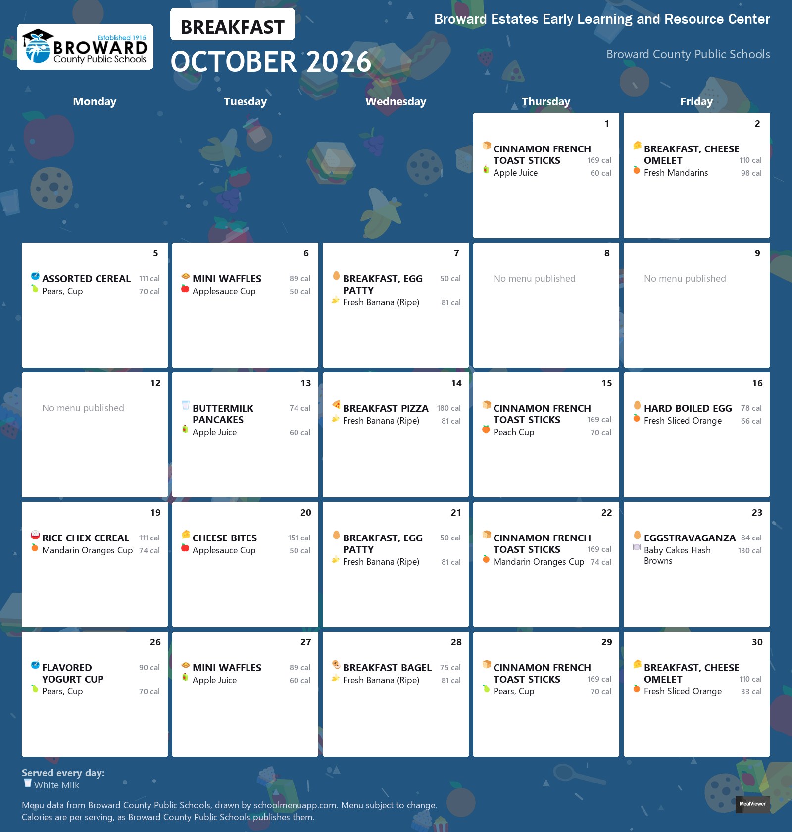 Broward Estates Early Learning and Resource Center breakfast menu for October 2026 &mdash; Broward County Public Schools