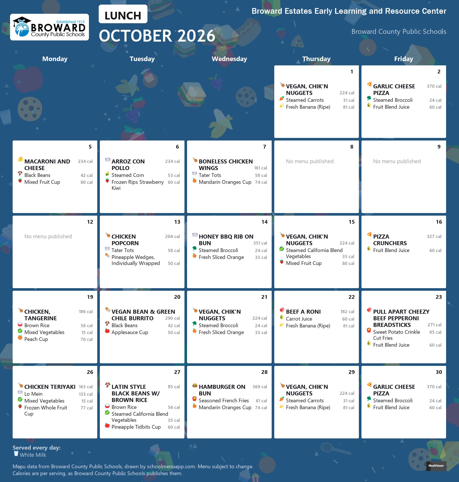 Broward Estates Early Learning and Resource Center lunch menu for October 2026 &mdash; Broward County Public Schools