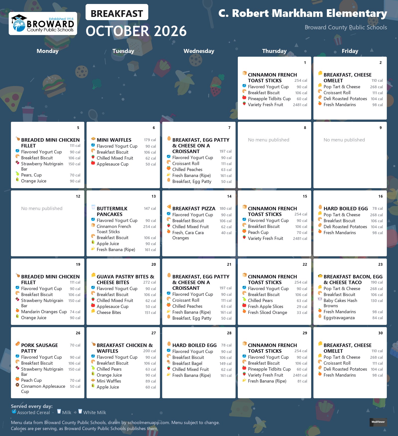 C. Robert Markham Elementary breakfast menu for October 2026 &mdash; Broward County Public Schools