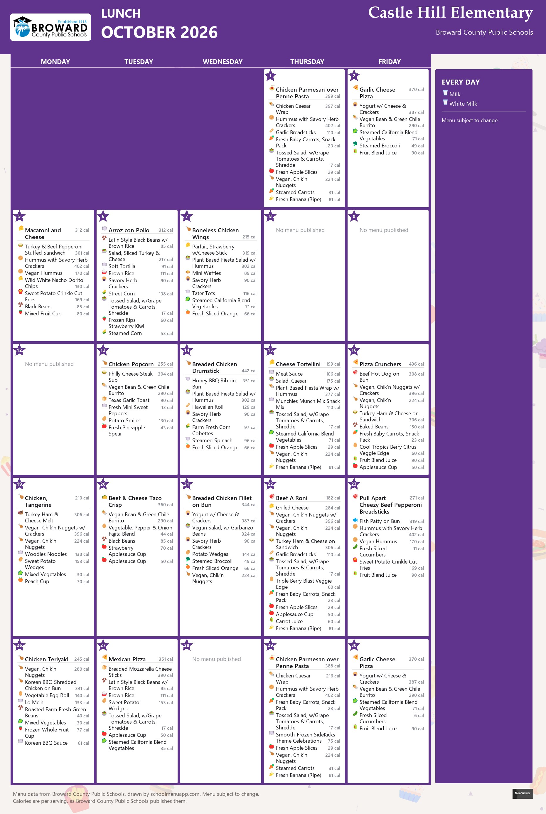 Castle Hill Elementary lunch menu for October 2026 &mdash; Broward County Public Schools