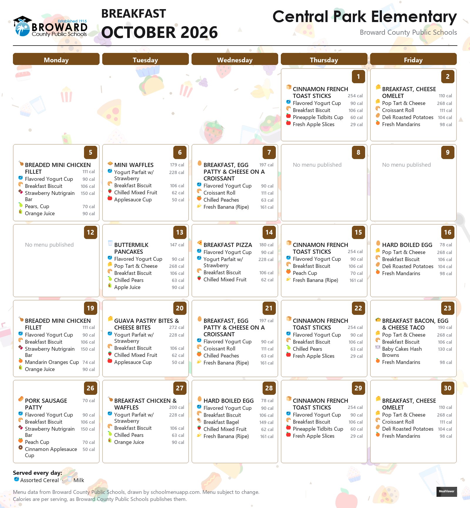 Central Park Elementary breakfast menu for October 2026 &mdash; Broward County Public Schools