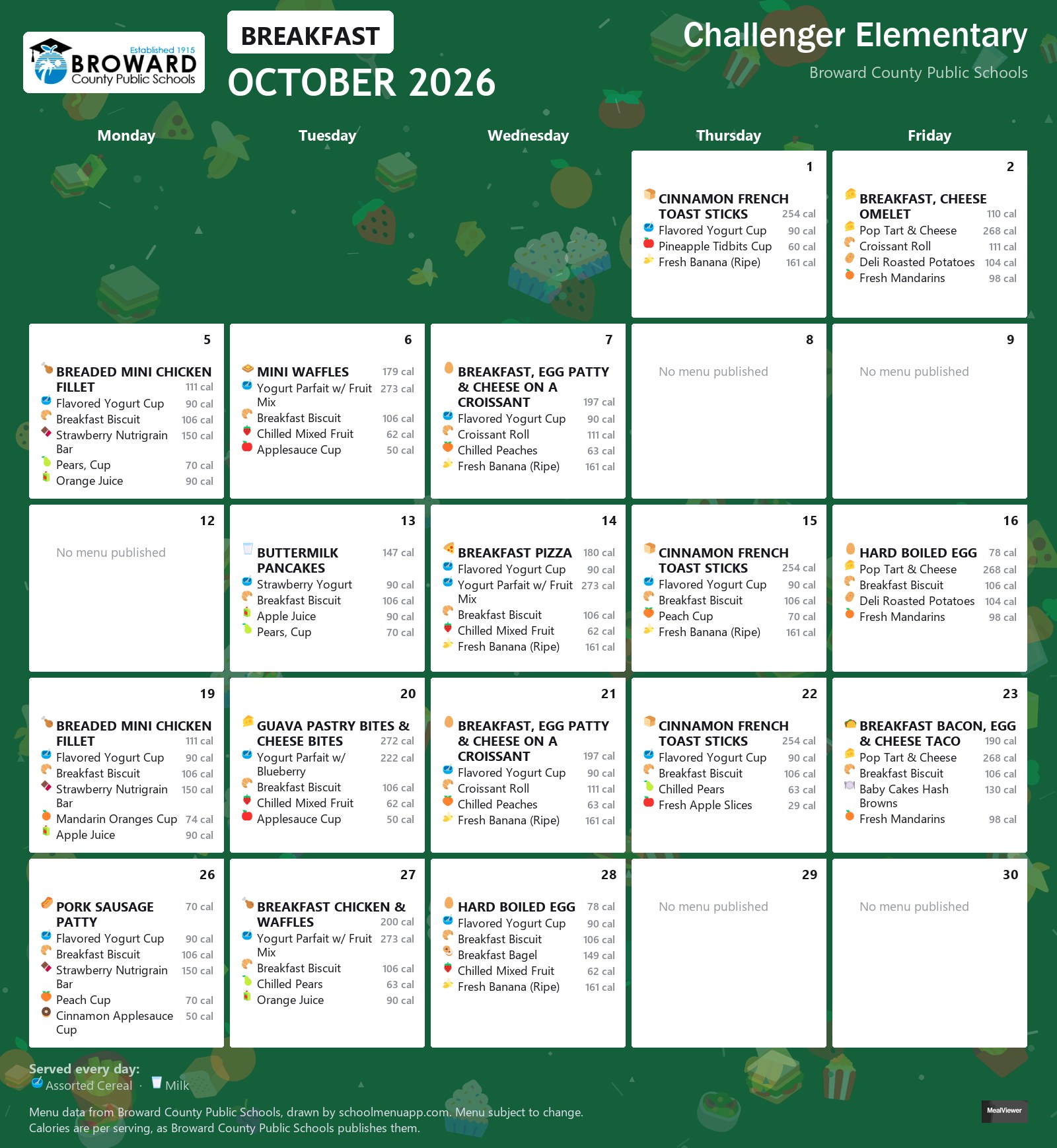 Challenger Elementary breakfast menu for October 2026 &mdash; Broward County Public Schools