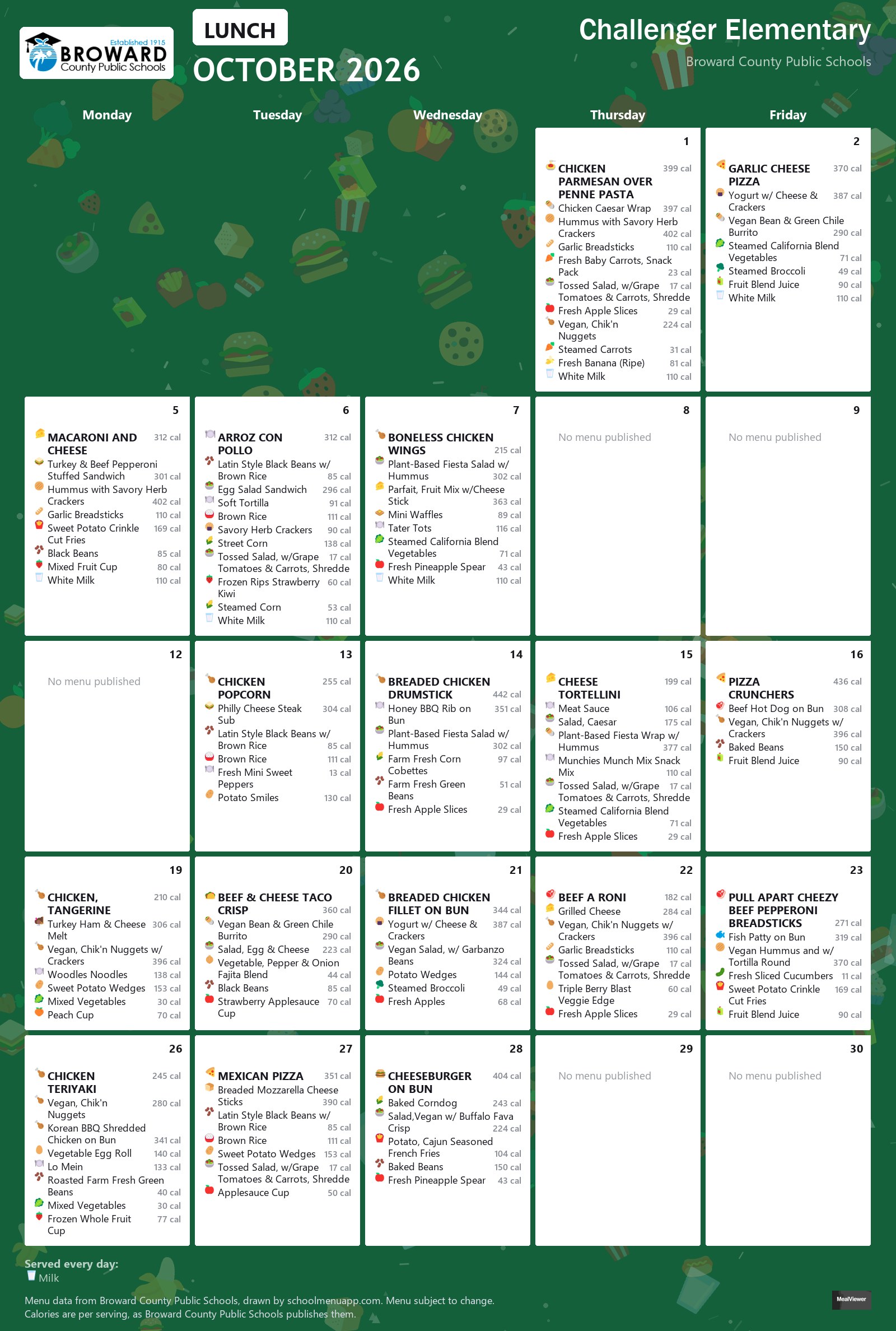 Challenger Elementary lunch menu for October 2026 &mdash; Broward County Public Schools
