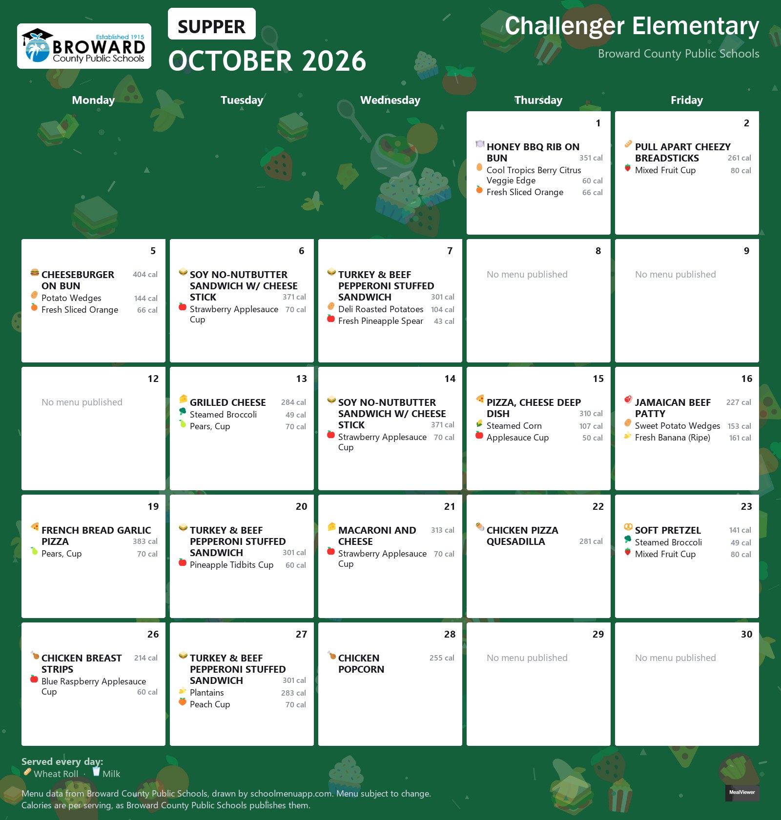 Challenger Elementary supper menu for October 2026 &mdash; Broward County Public Schools