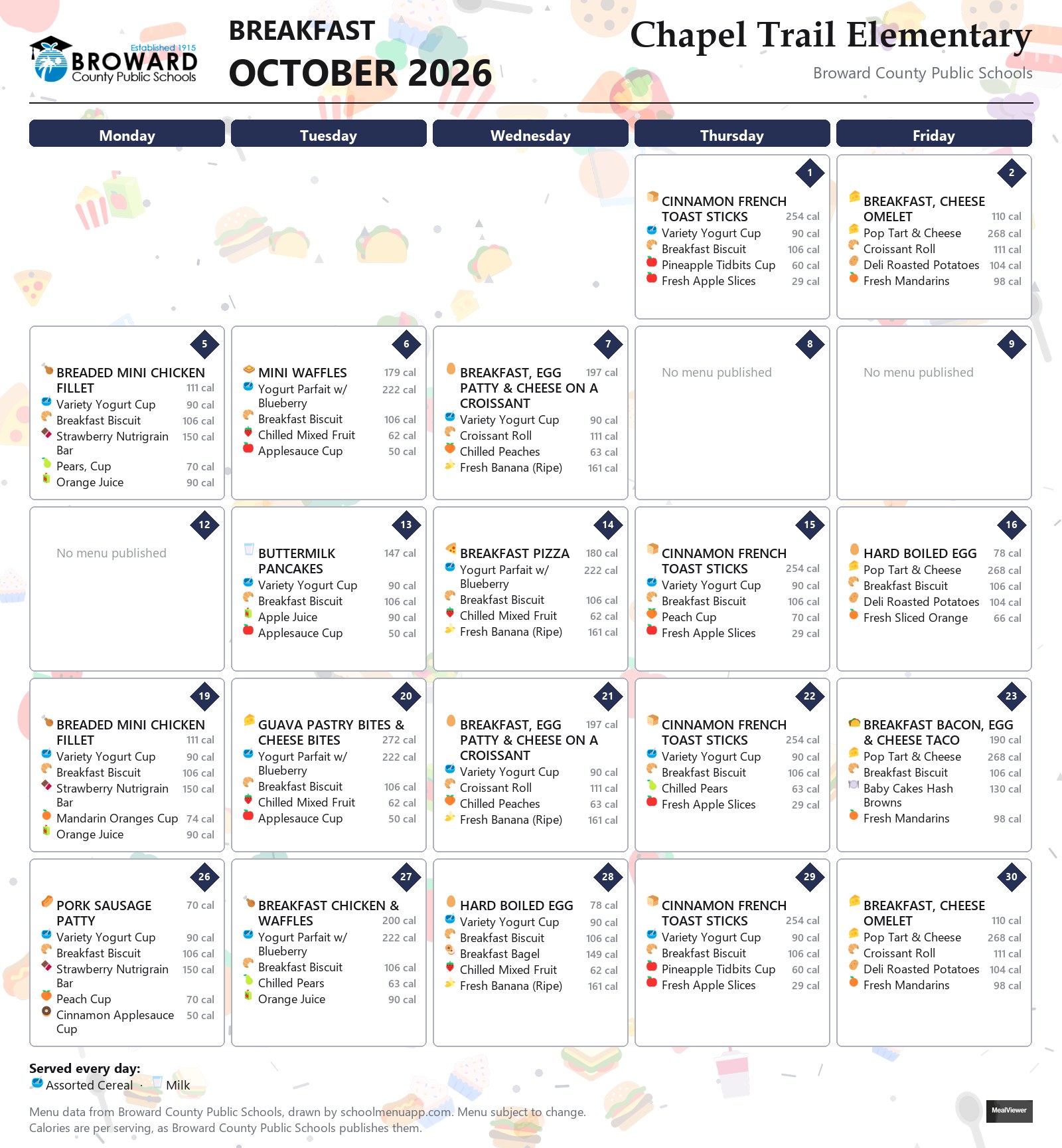 Chapel Trail Elementary breakfast menu for October 2026 &mdash; Broward County Public Schools