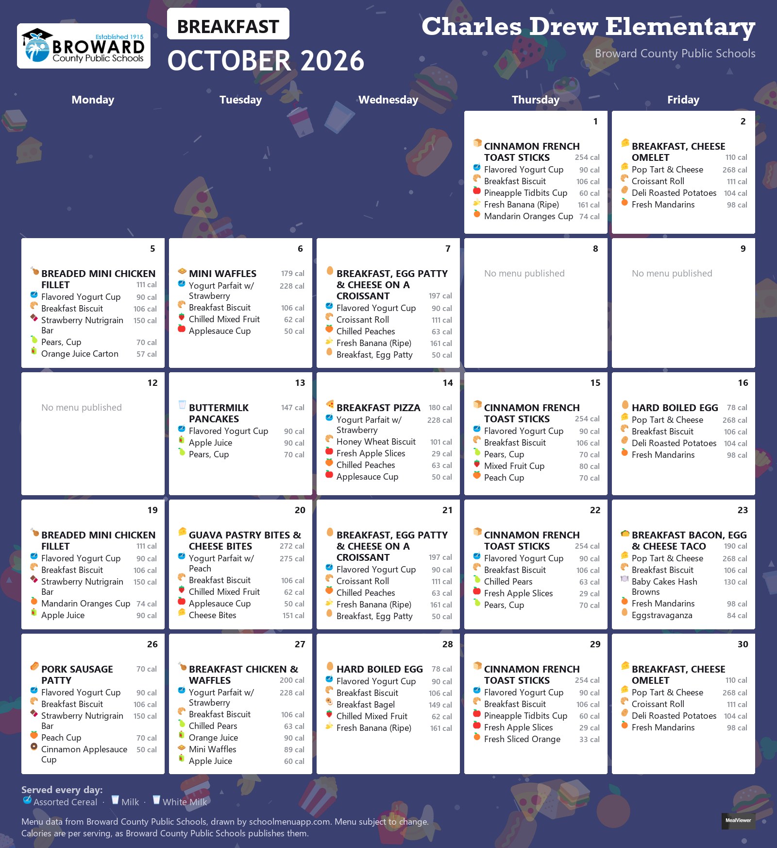 Charles Drew Elementary breakfast menu for October 2026 &mdash; Broward County Public Schools