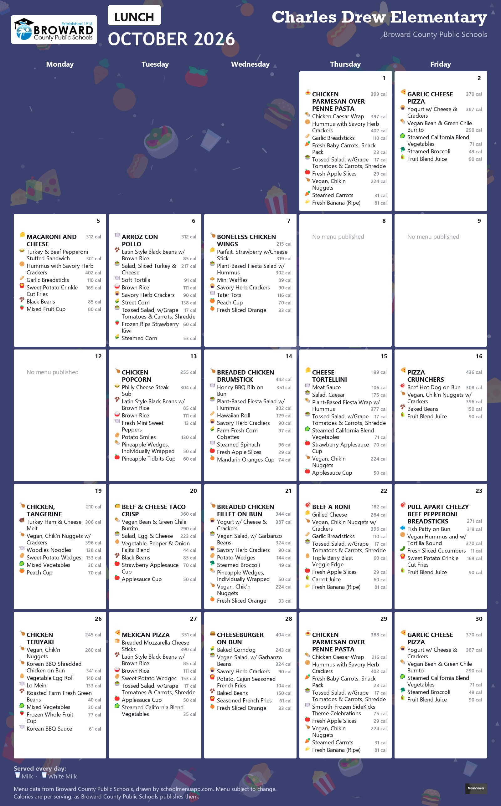 Charles Drew Elementary lunch menu for October 2026 &mdash; Broward County Public Schools