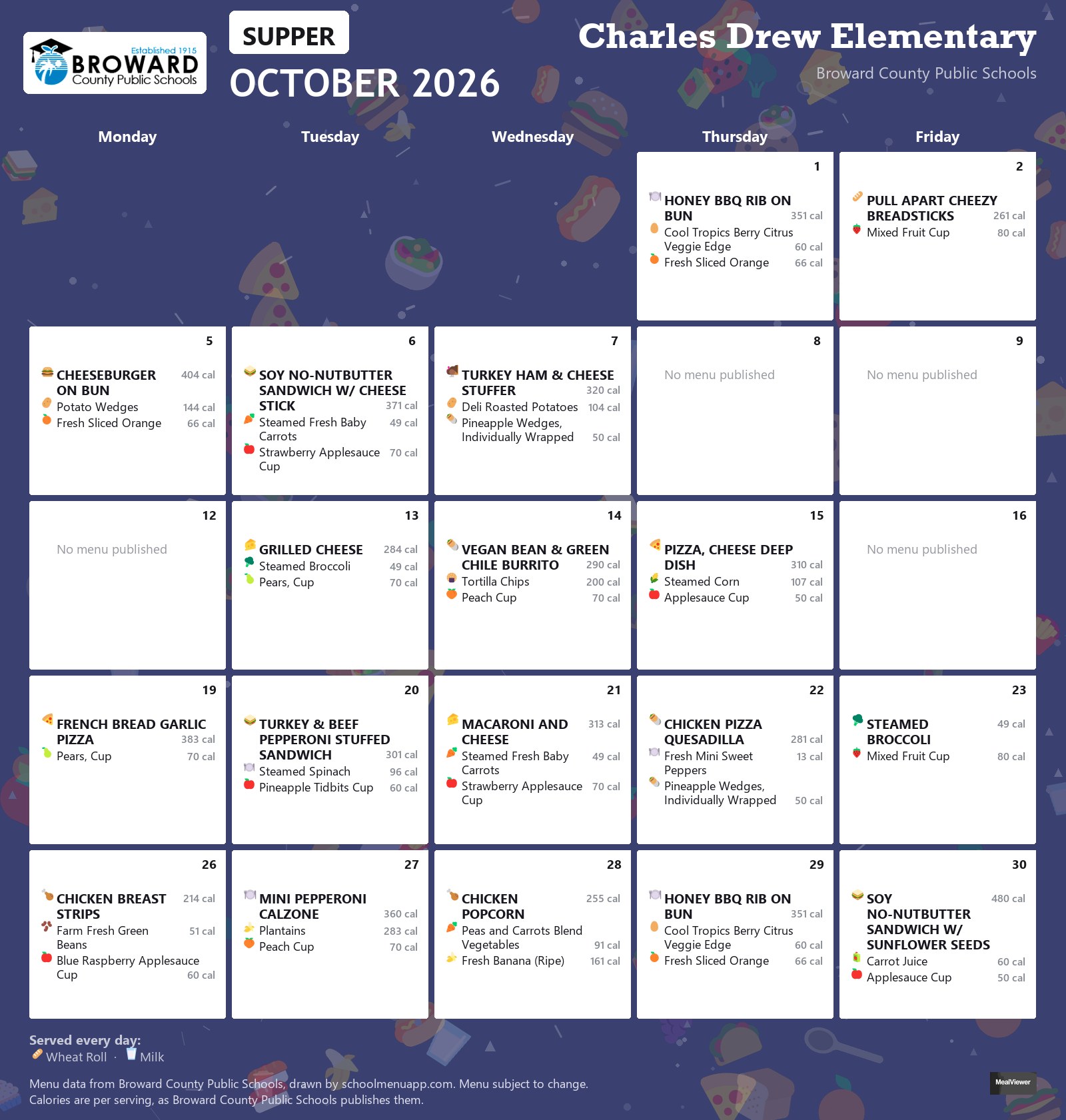Charles Drew Elementary supper menu for October 2026 &mdash; Broward County Public Schools