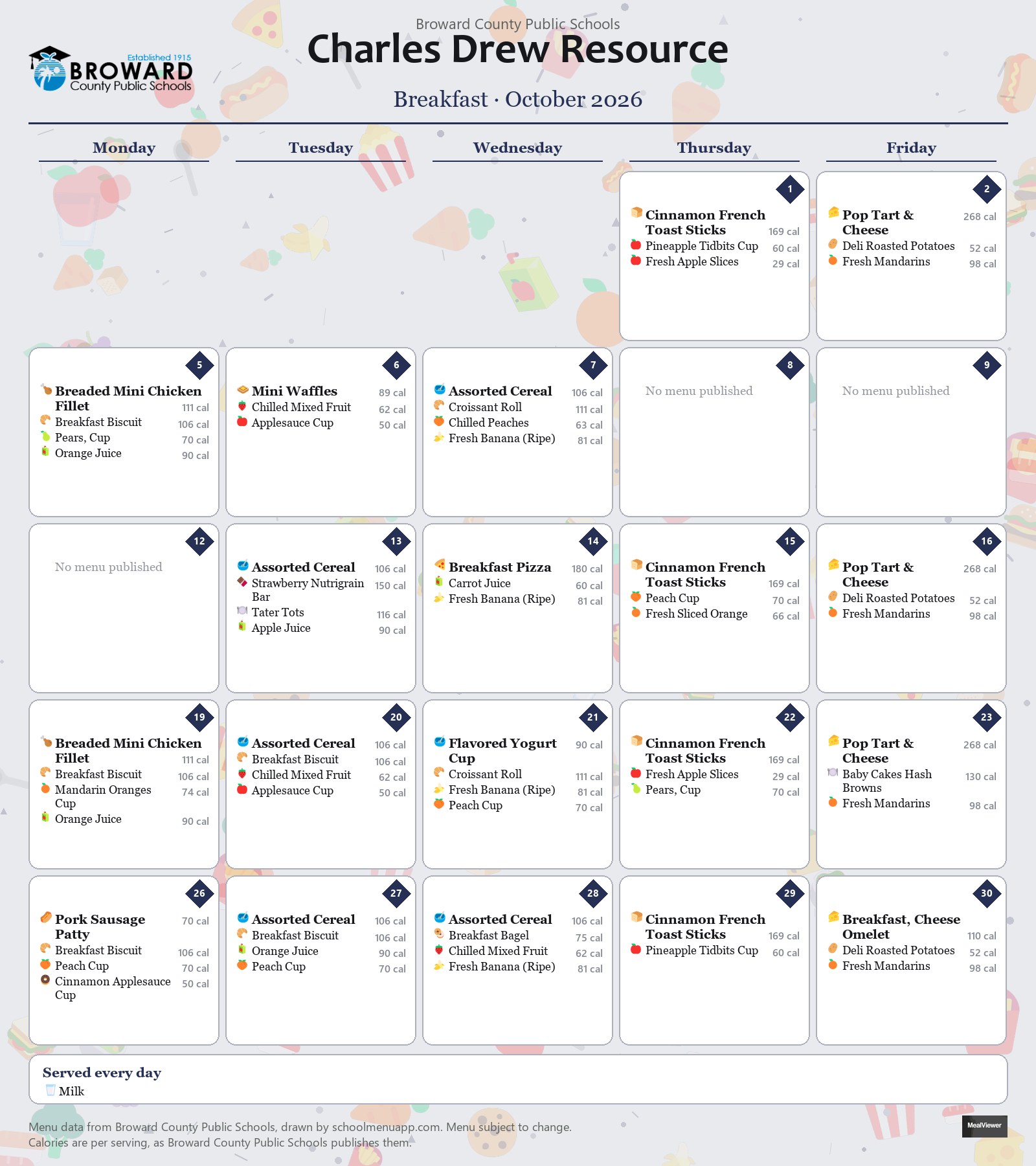 Charles Drew Resource breakfast menu for October 2026 &mdash; Broward County Public Schools