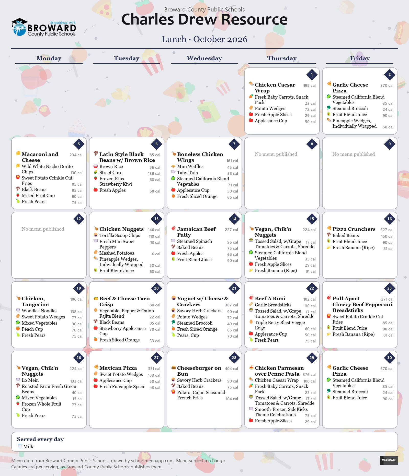 Charles Drew Resource lunch menu for October 2026 &mdash; Broward County Public Schools
