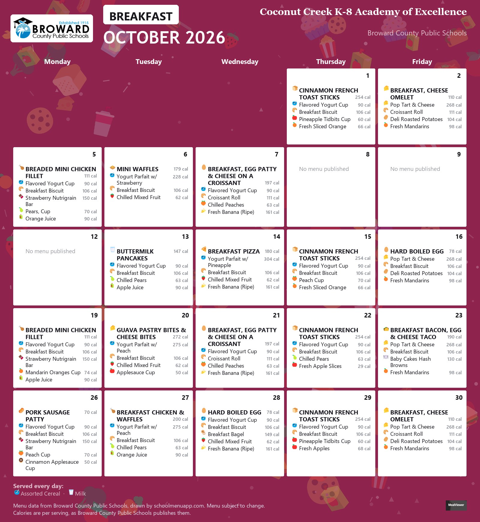 Coconut Creek K-8 Academy of Excellence breakfast menu for October 2026 &mdash; Broward County Public Schools