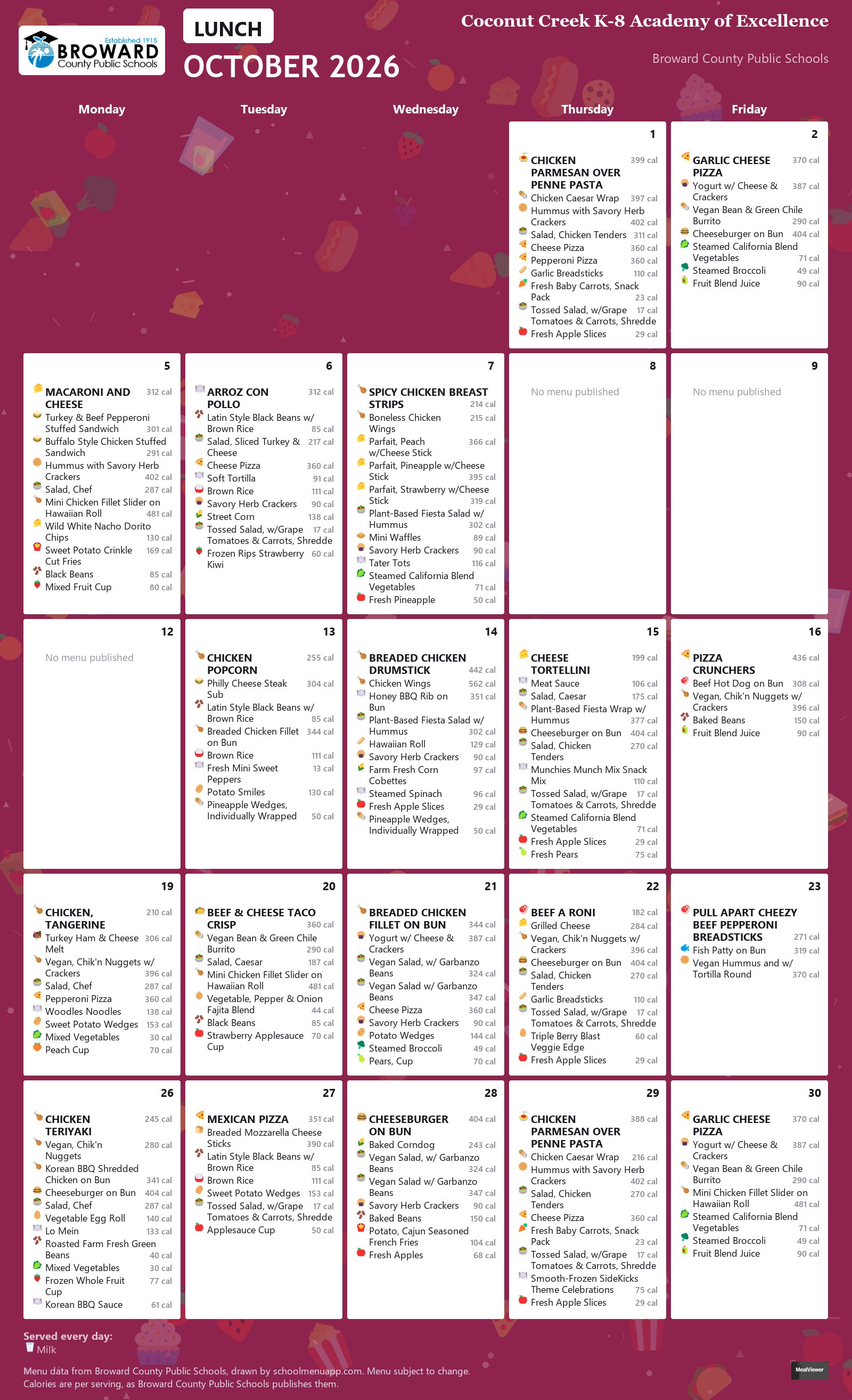 Coconut Creek K-8 Academy of Excellence lunch menu for October 2026 &mdash; Broward County Public Schools