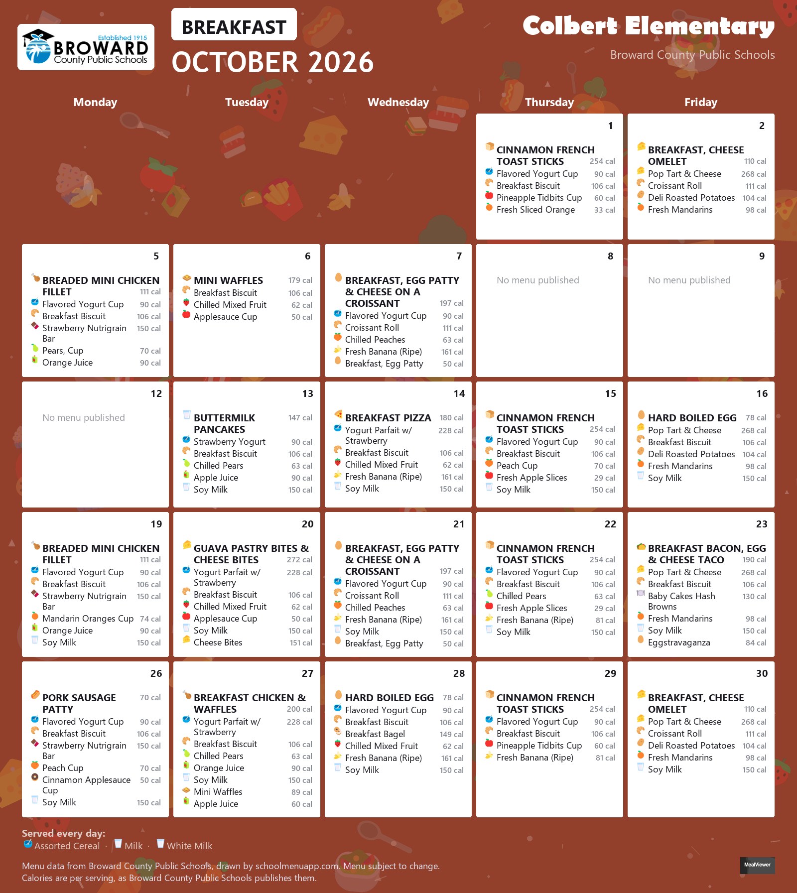 Colbert Elementary breakfast menu for October 2026 &mdash; Broward County Public Schools