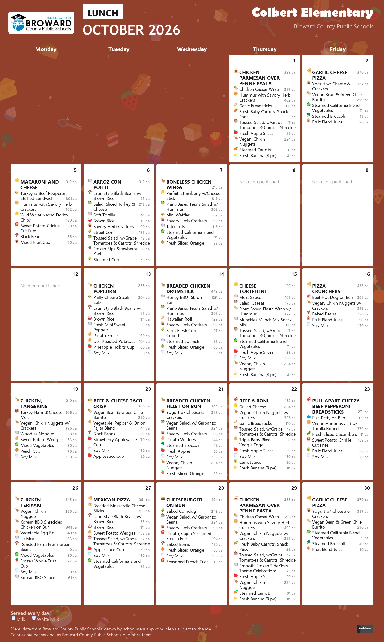 Colbert Elementary lunch menu for October 2026 &mdash; Broward County Public Schools