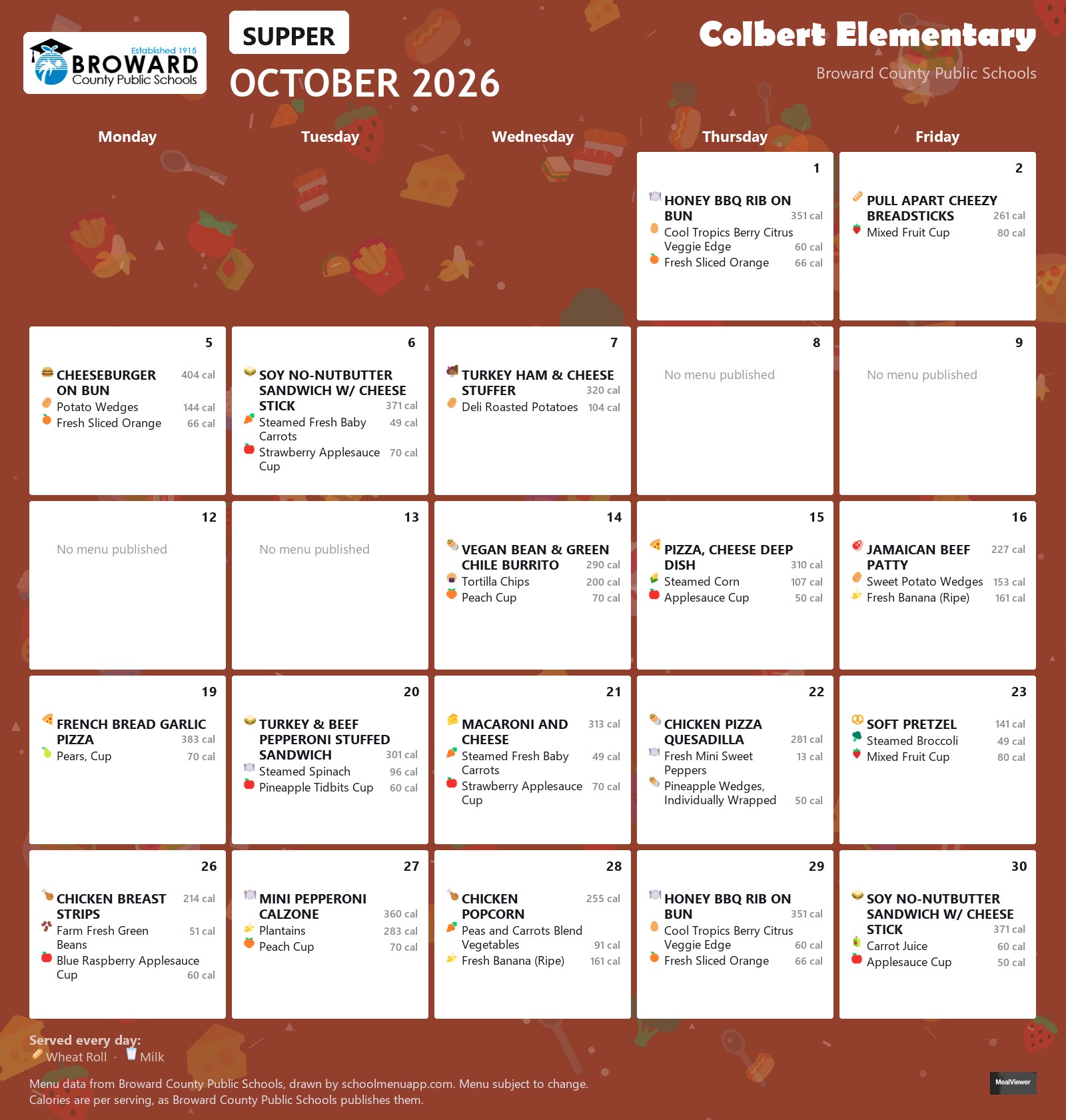 Colbert Elementary supper menu for October 2026 &mdash; Broward County Public Schools