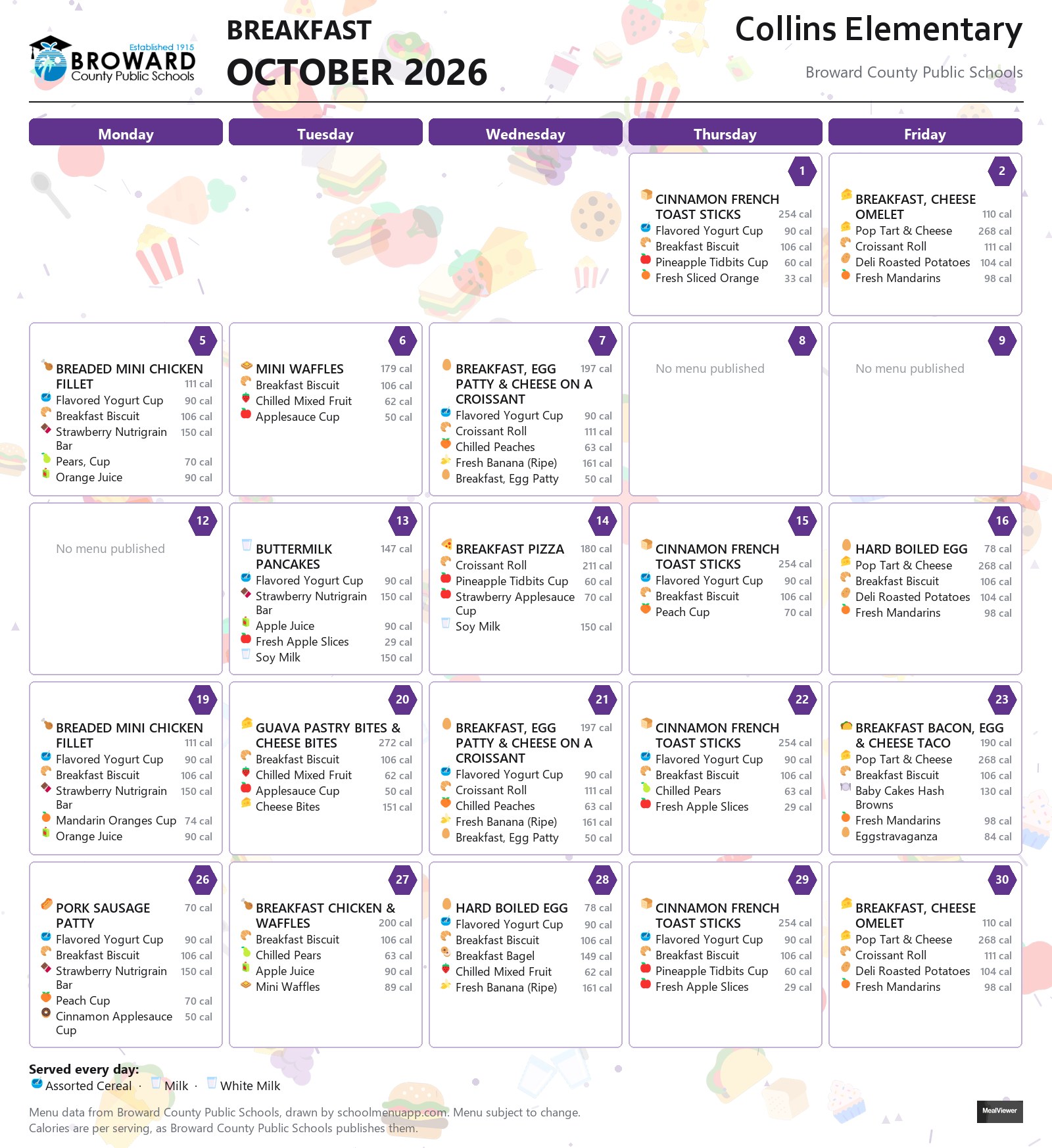 Collins Elementary breakfast menu for October 2026 &mdash; Broward County Public Schools