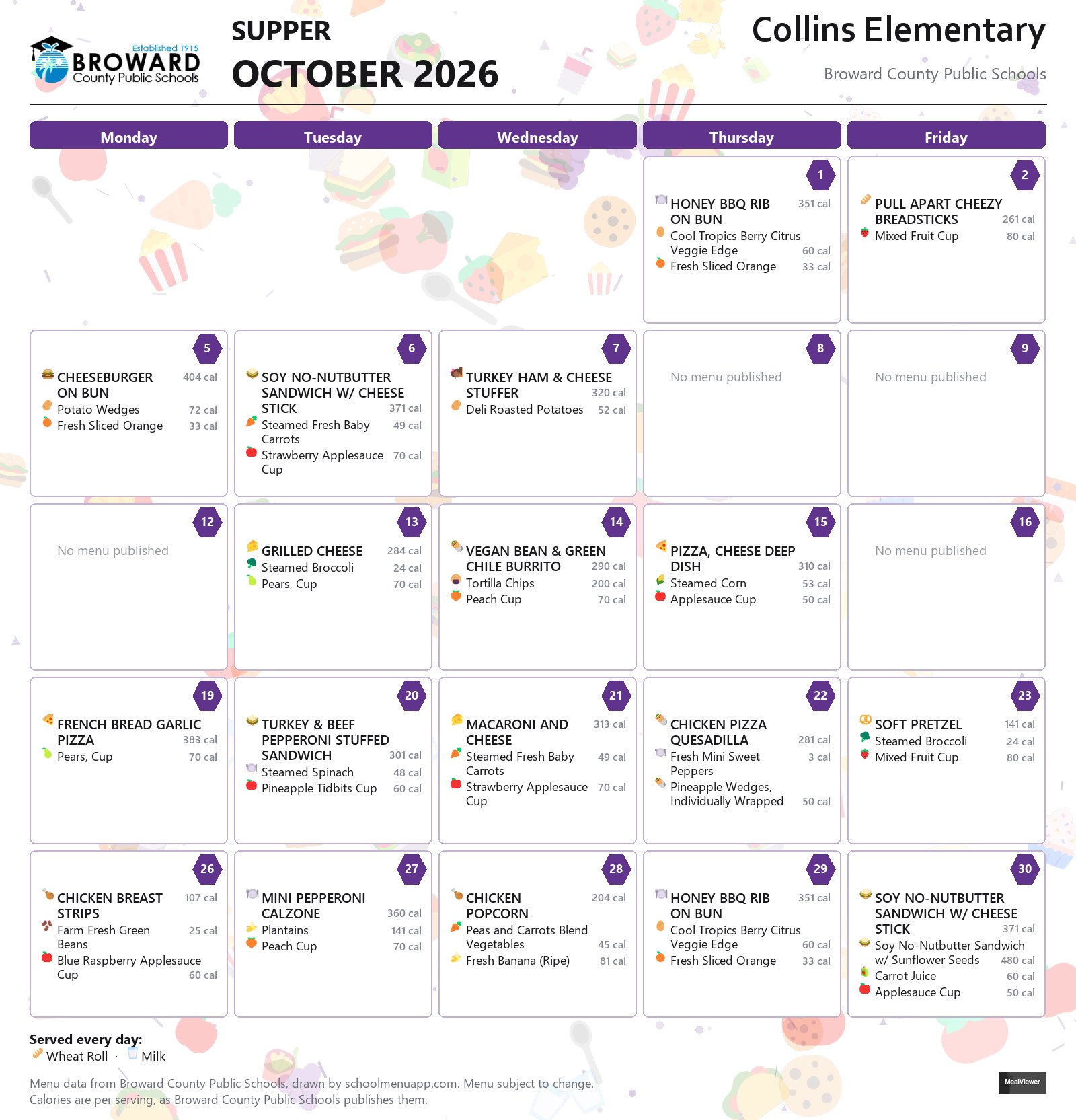 Collins Elementary supper menu for October 2026 &mdash; Broward County Public Schools