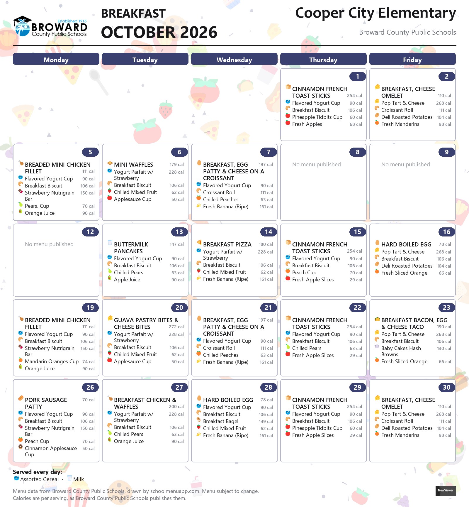 Cooper City Elementary breakfast menu for October 2026 &mdash; Broward County Public Schools