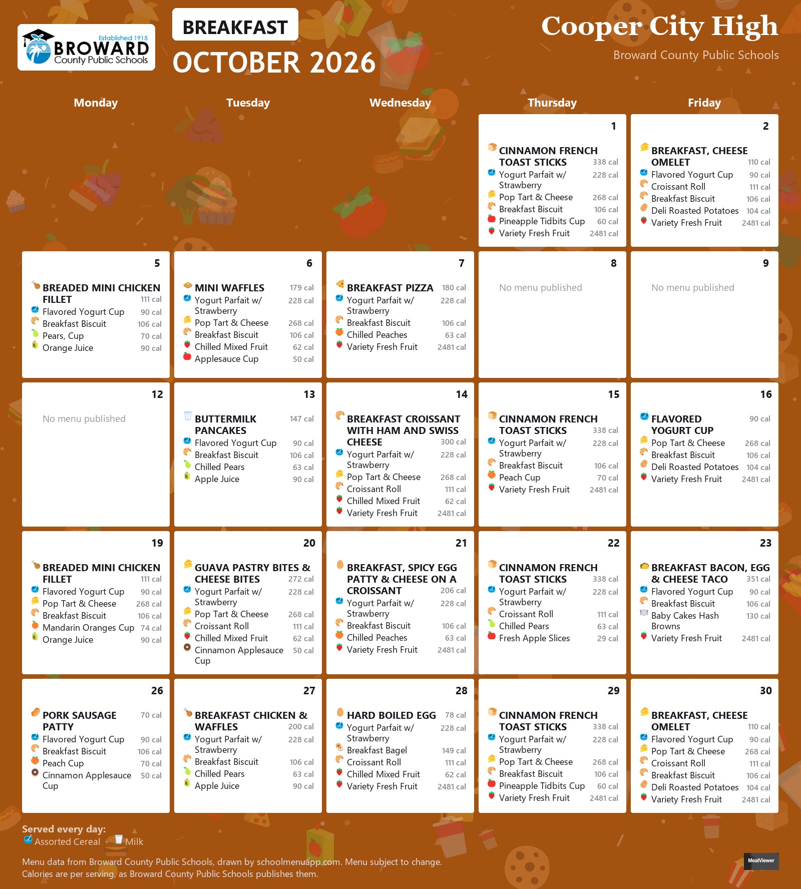 Cooper City High breakfast menu for October 2026 &mdash; Broward County Public Schools